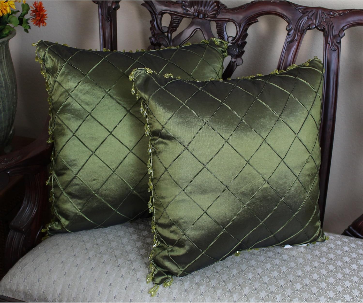 Blazing Needles Beaded Satin Sheen Throw Pillow, 18", Dark Red 2 Count