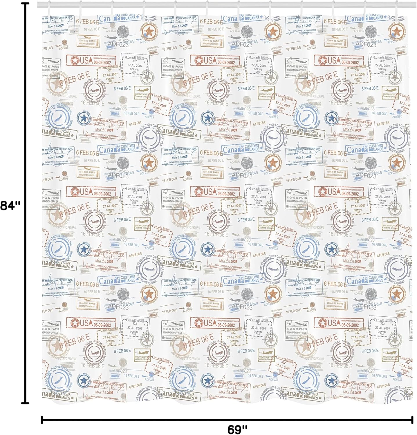 Ambesonne Travel Shower Curtain, Vintage Old Rubber Stamps Tourist Passport Visa Certificate Vacation Holiday Theme, Cloth Fabric Bathroom Decor Set with Hooks, 69" W x 84" L, Warm Taupe Blue