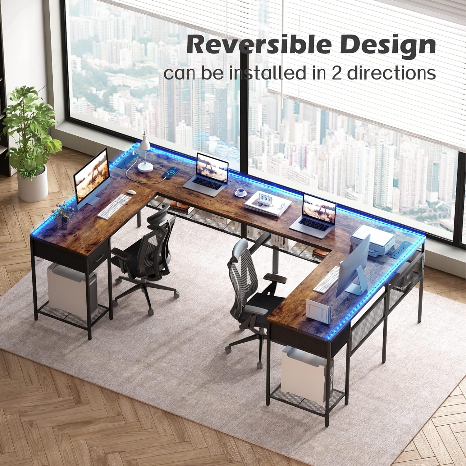 Diagram showing the reversible design of the L shaped desk