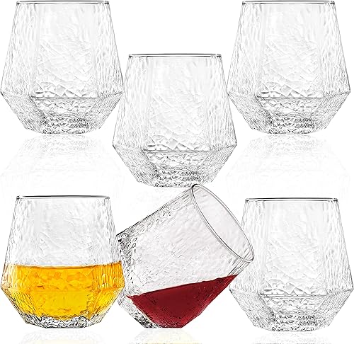 Miniatura 7 de Vasos de diamante Juego de 6 copas de vino sin tallo Diseño geométrico inclinado Vasos de whisky rodantes Copa de vino con forma de diamantes