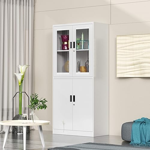 Miniatura 31 de Vitrina con cerradura con puerta de cristal, gabinetes Curio de metal de 71 pulgadas de alto con estantes ajustables, vitrina de licor blanco para