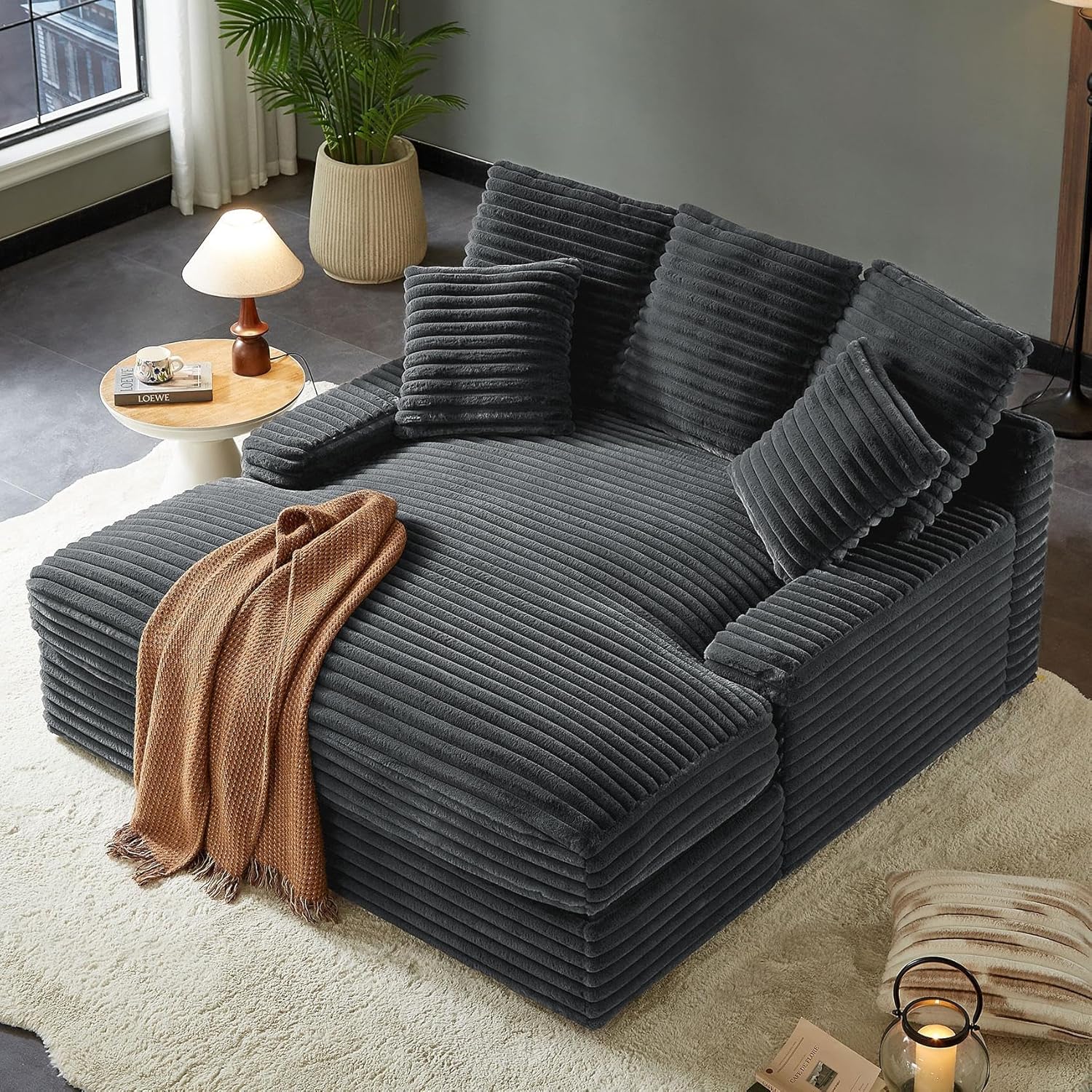 Contemporary Luxury Plush Corduroy Chaise Lounge Chair,deep 64-inch Sofa daybed Wide Backrest,Upholstery Living Room Sleeper loveseat (Dark Gray)