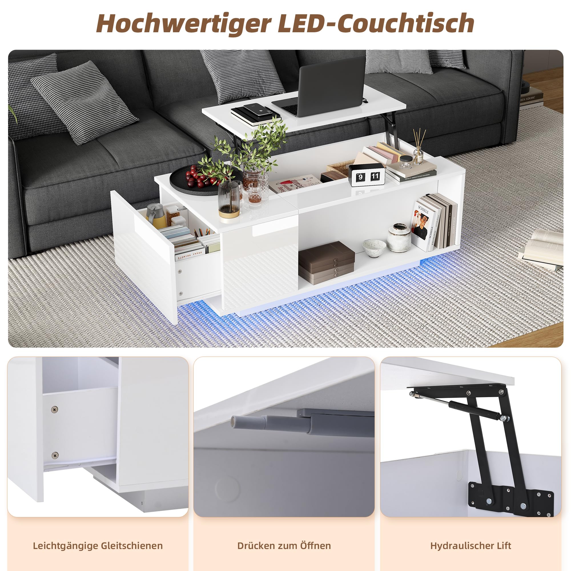 Merax Couchtisch mit Höhenverstellbarer Platte, Modern Hochglanz Wohnzimmertisch mit LED, Sofatisch Kaffeetisch mit Schubladen, Versteckte & offene Stauraum, Rechteckig Mitteltisch Beistelltisch, Weiß
