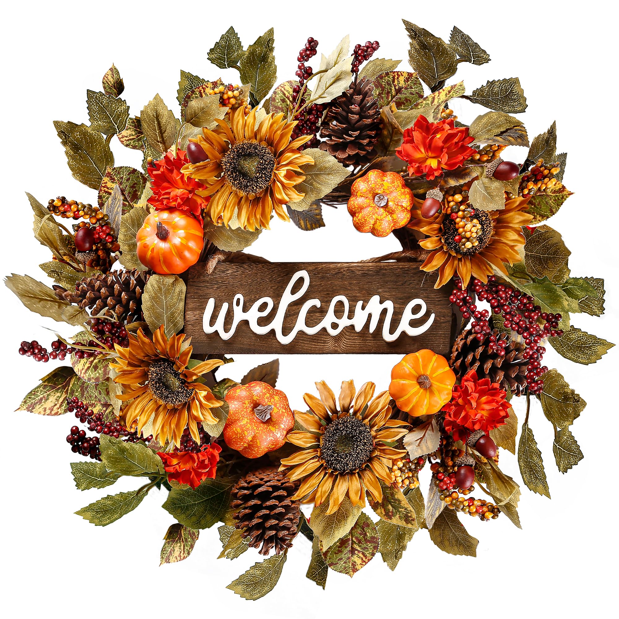 Sggvecsy Artificial Fall Wreath 20’’ Autumn Front Door Wreath Harvest Wreath with Sunflower Pumpkin Cluster of Berries Pine Cones Acorns for Outside Indoor Wall Window Thanksgiving Autumn Decor