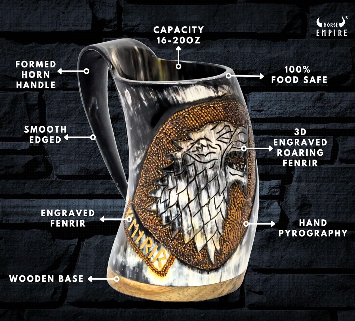 Viking OX Horn Mug16-20oz Engraved 3D FENRIR Hand PYROGRAPHY, Tankard & Coffee Stein 100% Authentic Medieval Presents for Men and Women, Home Accessories, Shot Glasses for Mead, Whisky and Beer Cup…
