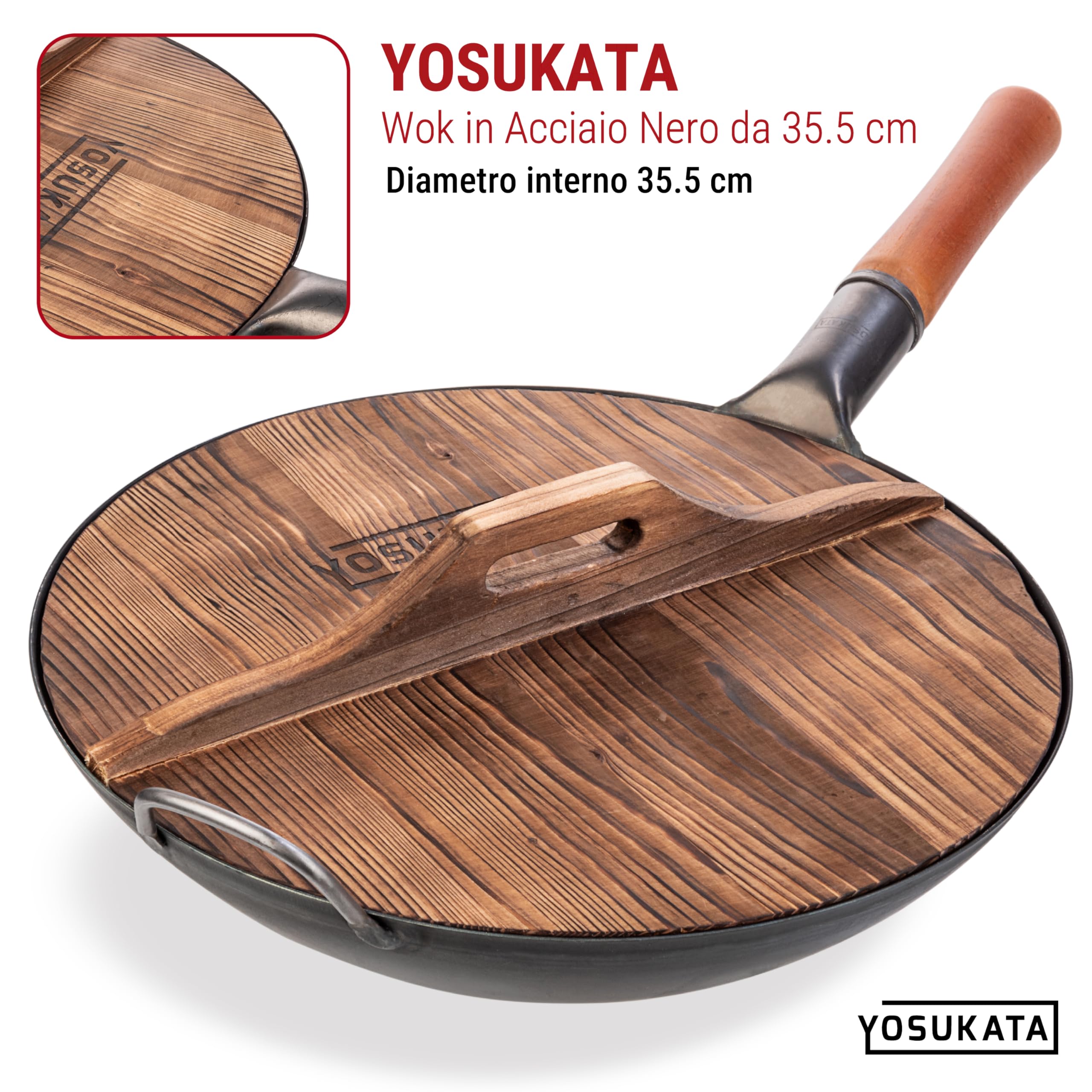 YOSUKATA Coperchio In Legno Per Wok 36 Cm – Coperchio Universale In Legno Naturale Senza Condensa Con Manico Ergonomico Per Padella – Accessorio Tradizionale Per Padelle Wok Di Alta Qualità