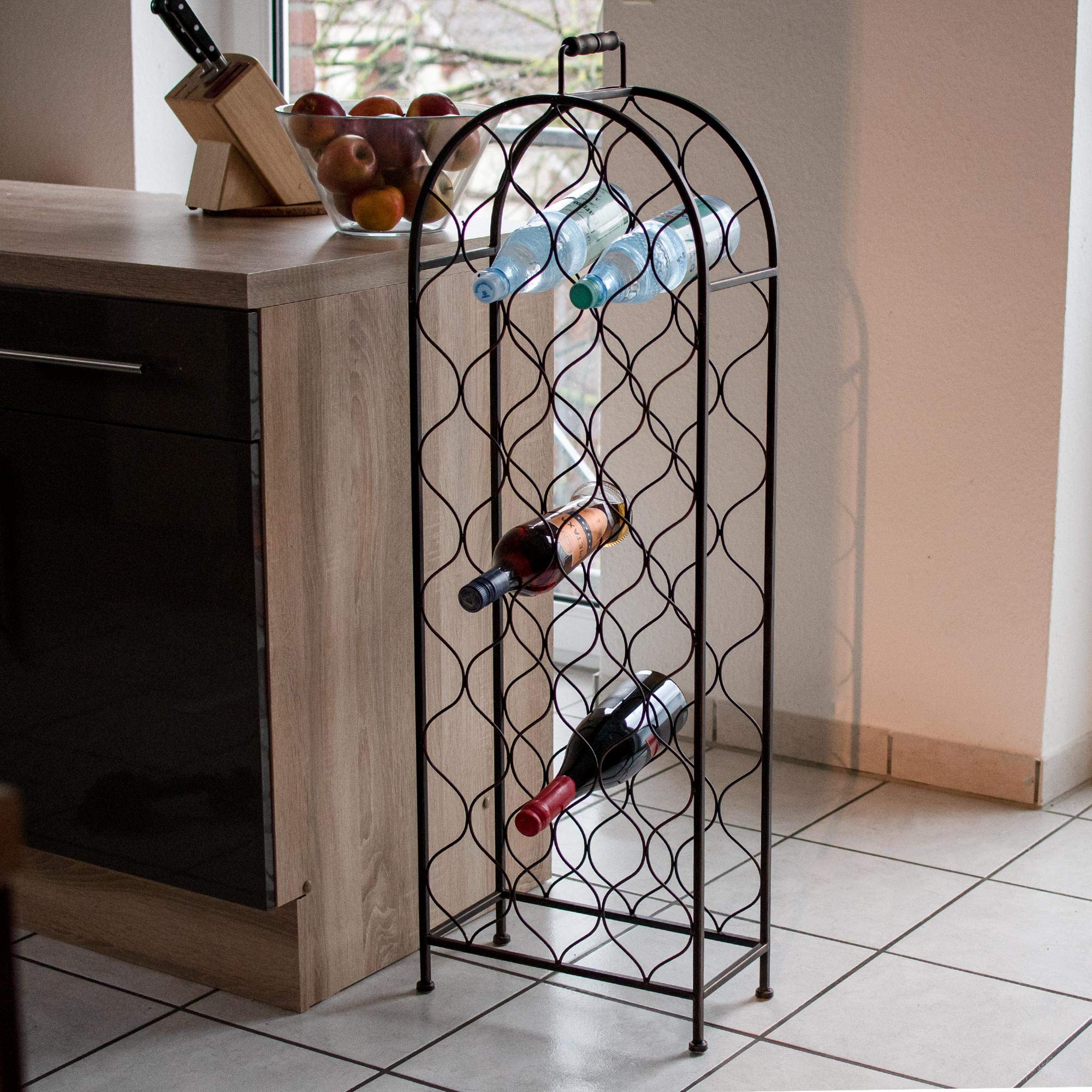 RM Design Botellero de metal – Soporte para botellas de vino, botella de agua – para 26 botellas – negro y marrón