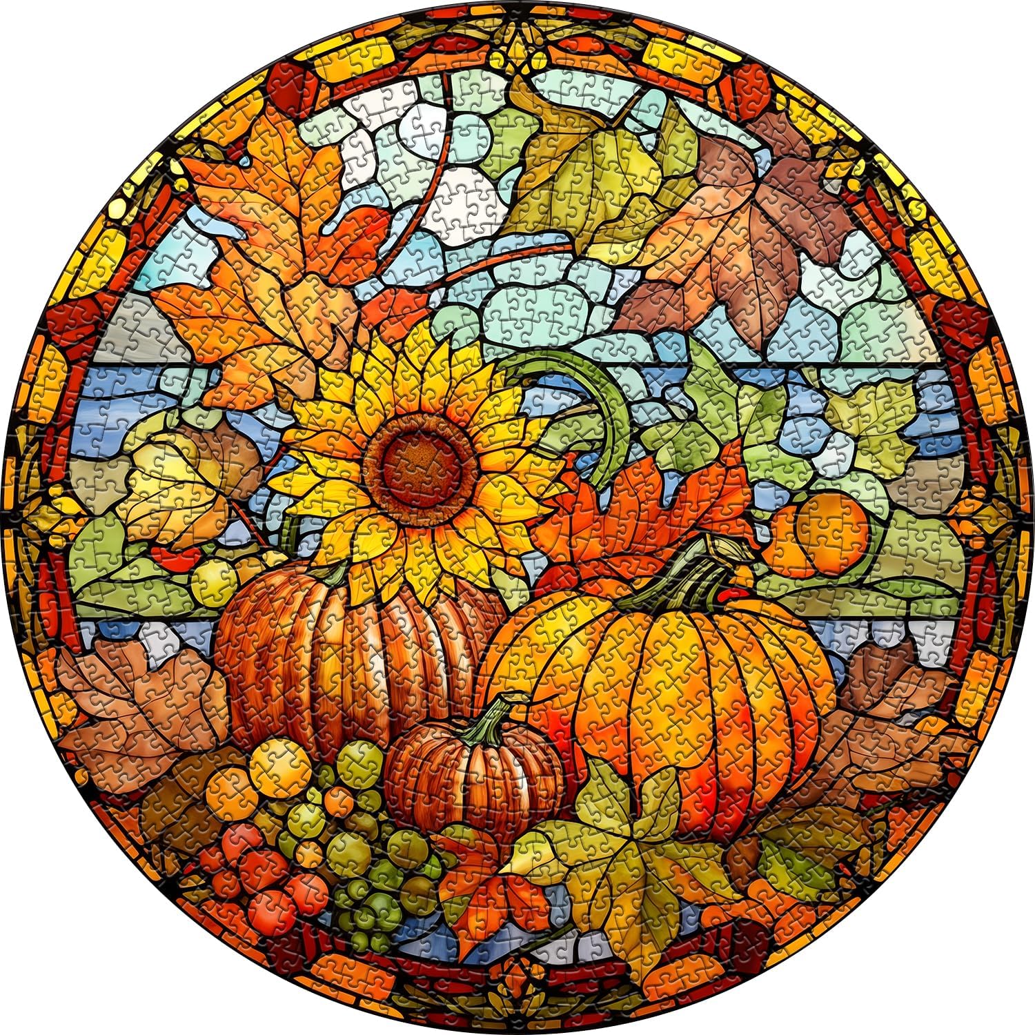 Stained Glass Puzzles for Adults,Halloween Thanksgiving Puzzle, Pumpkin Sunflower Puzzles Autumn, Fall Puzzle 1000 Pieces, Round Hard Impossible Challenging Jigsaw Puzzles