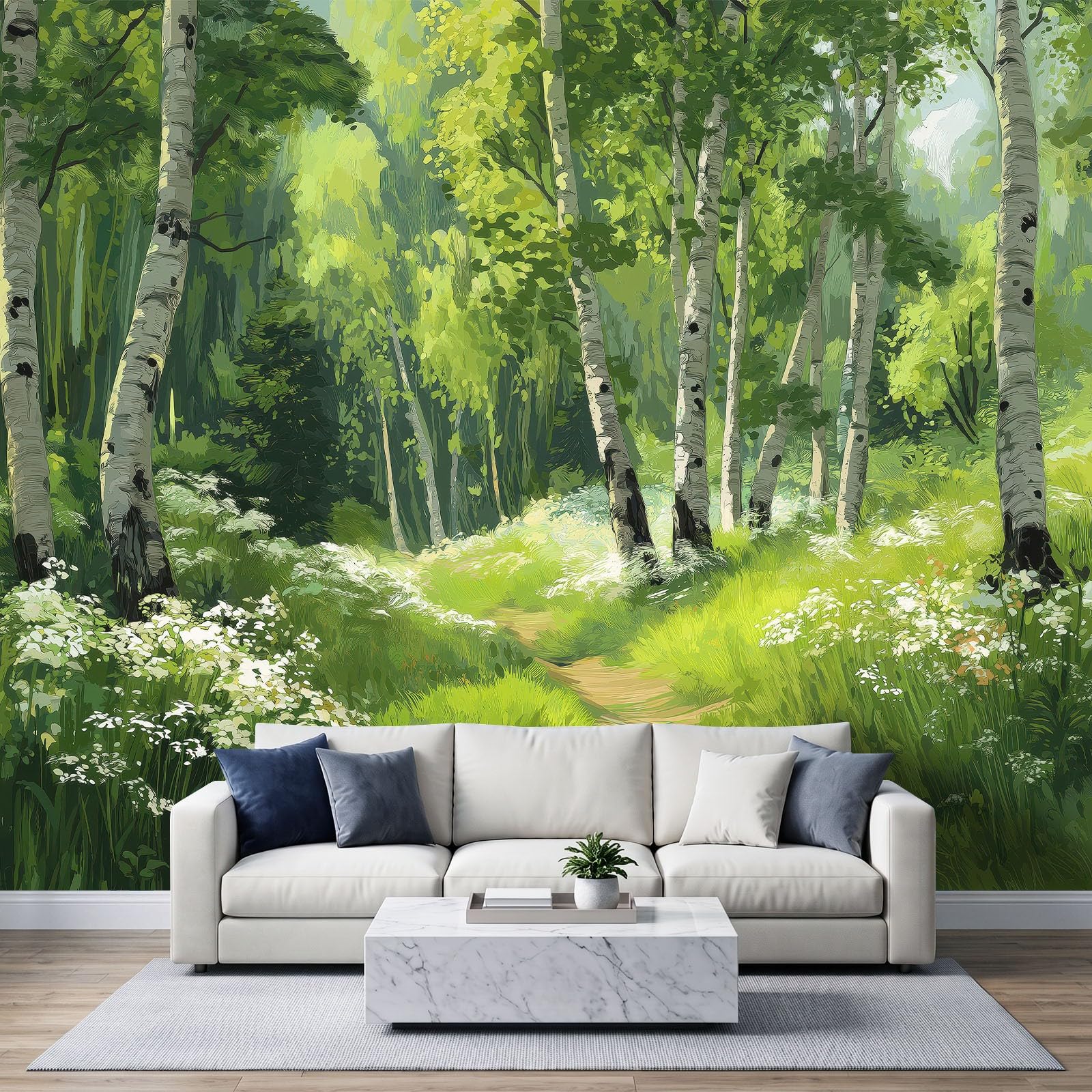 Tapeta mural do salonu 350 x 256 cm natura las rośliny brzozowe plakat fototapeta fototapeta flizelina, nowoczesna sypialnia pokój dziecięcy TV tło dekoracja ścienna, zielona