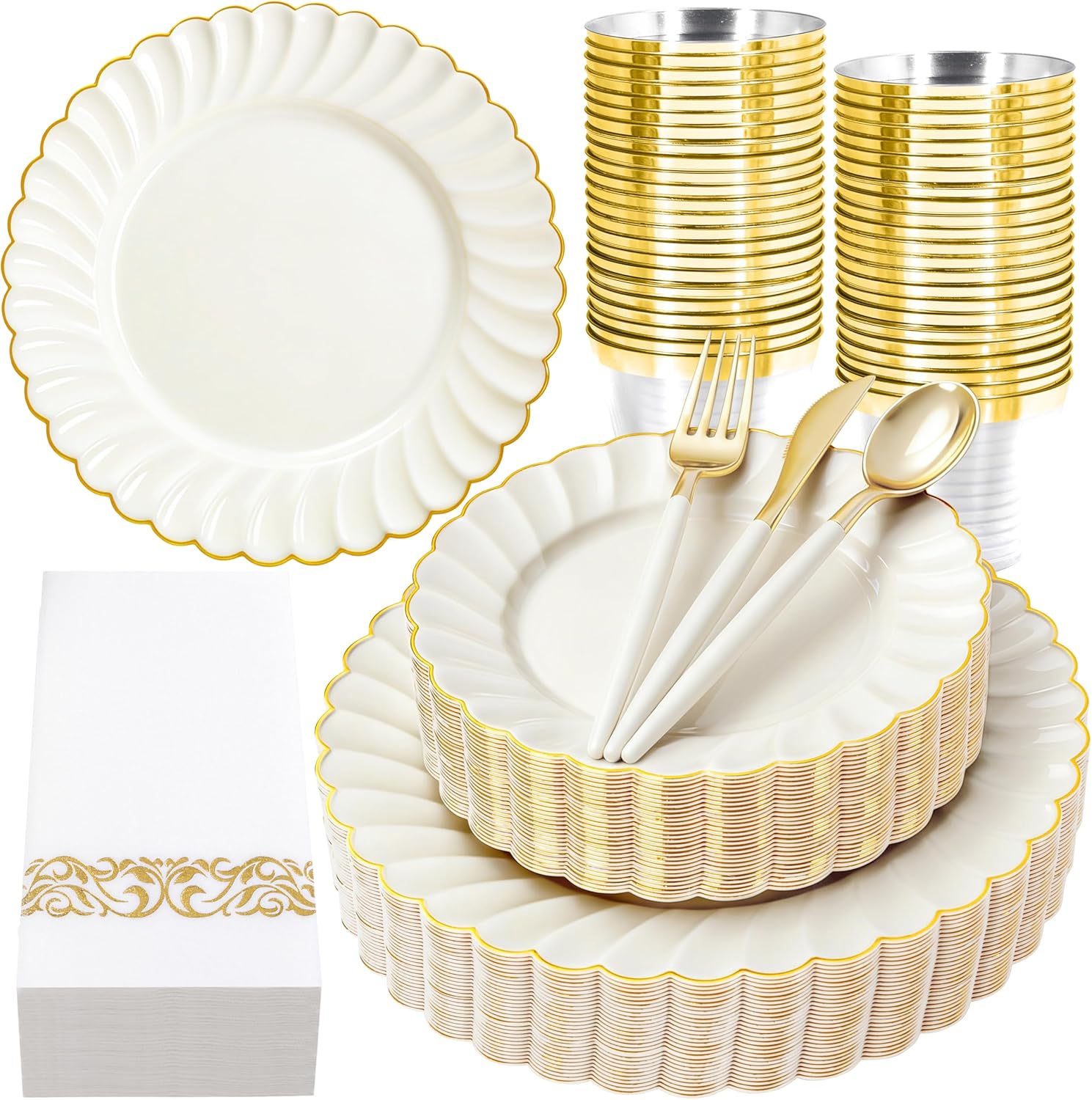 Ciaell 175 PCS Ivory Scalloped Plastic Plates - Gold Disposable Plates Fancy High-end Dinnerware Sets for Wedding & Party (25 Guests)