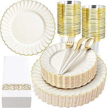 Ciaell 175 PCS Ivory Scalloped Plastic Plates - Gold Disposable Plates Fancy High-end Dinnerware Sets for Wedding & Party (25 Guests)
