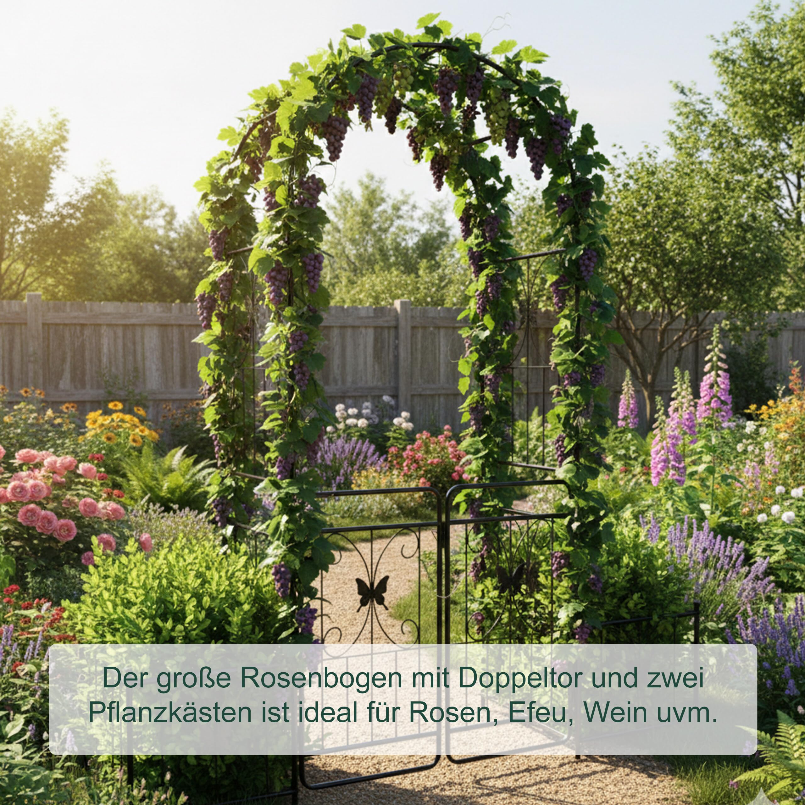 Relaxdays Rosenbogen Metall, Rundbogen mit Tor & 2 Pflanzkästen, HBT: 220x202x50 cm, Rankbogen Garten, Rosentor, schwarz