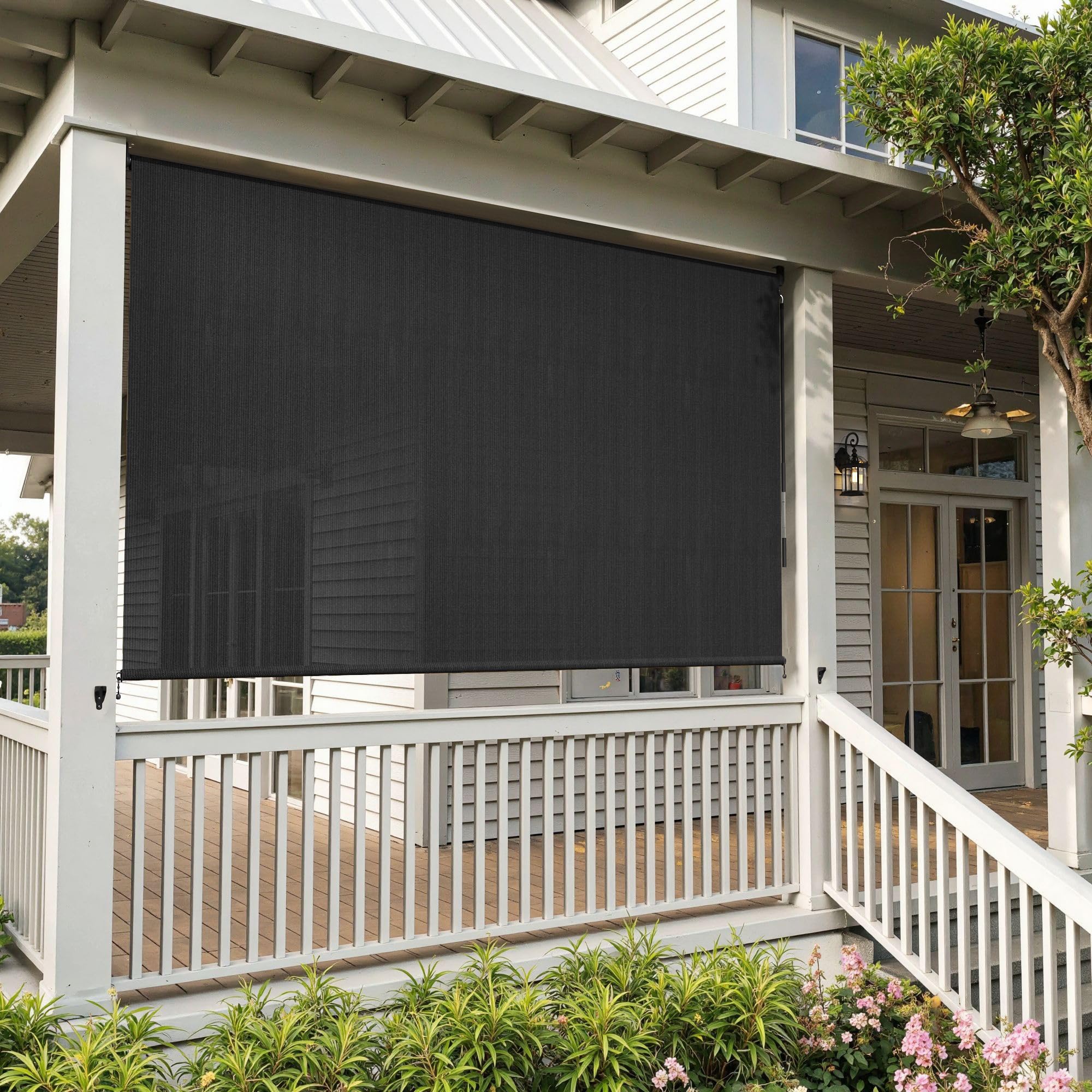 cordless outdoor roller shades 5'w x 6'l, patio roller blinds roll up for porch backyard with spliced pole design (2 poles, one-piece fabric), graphite black