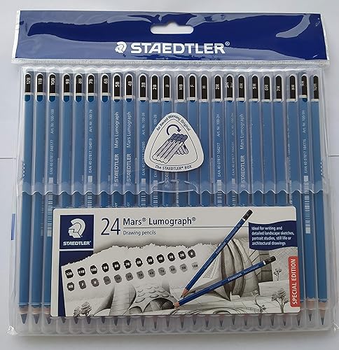 Miniatura 3 de Staedtler Mars Lumograph - Lápices de madera - Paquete de 24 grados en práctica caja de almacenamiento de plástico con regla de aluminio de 6" y 8"