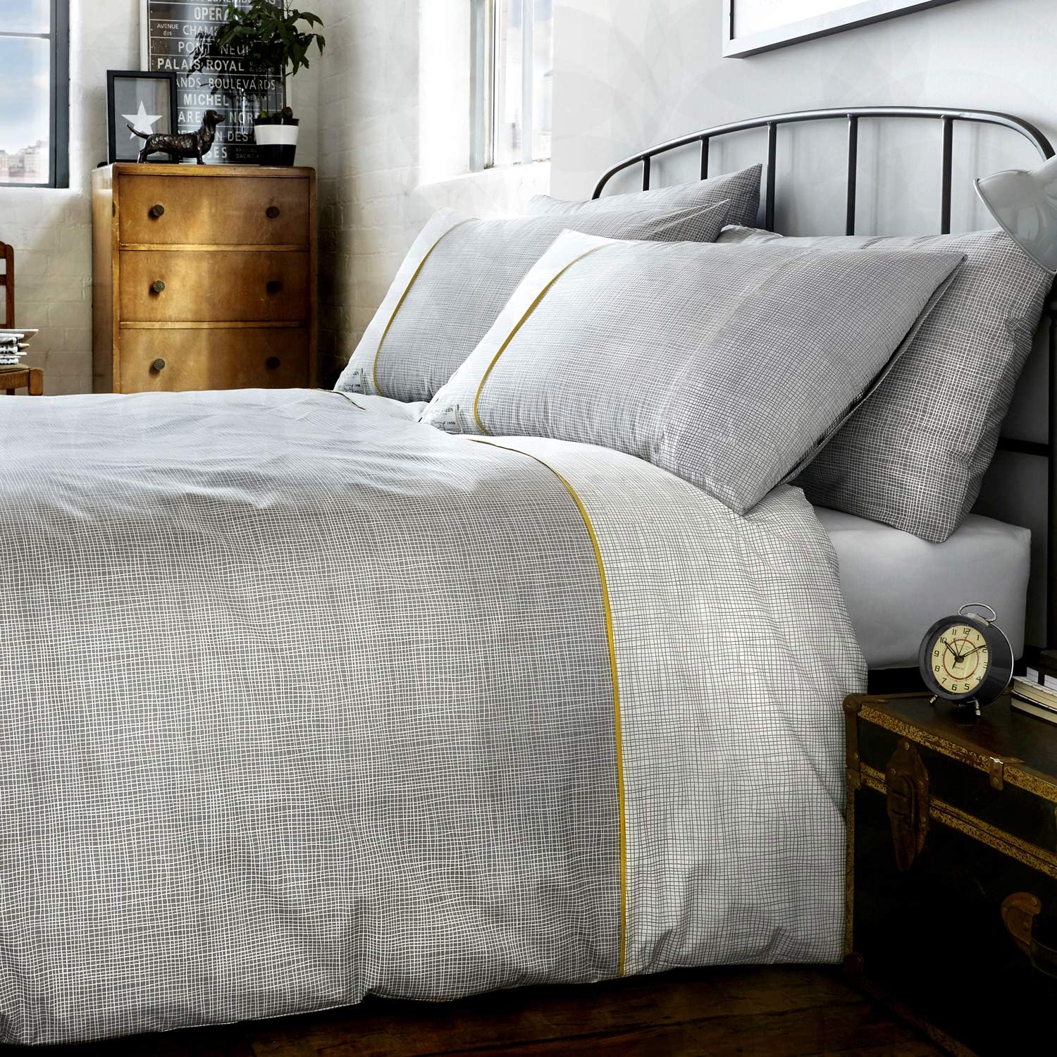 Racing Green - Pane Check - Easy Care Duvet Cover Set | King Size | Grey Bedding