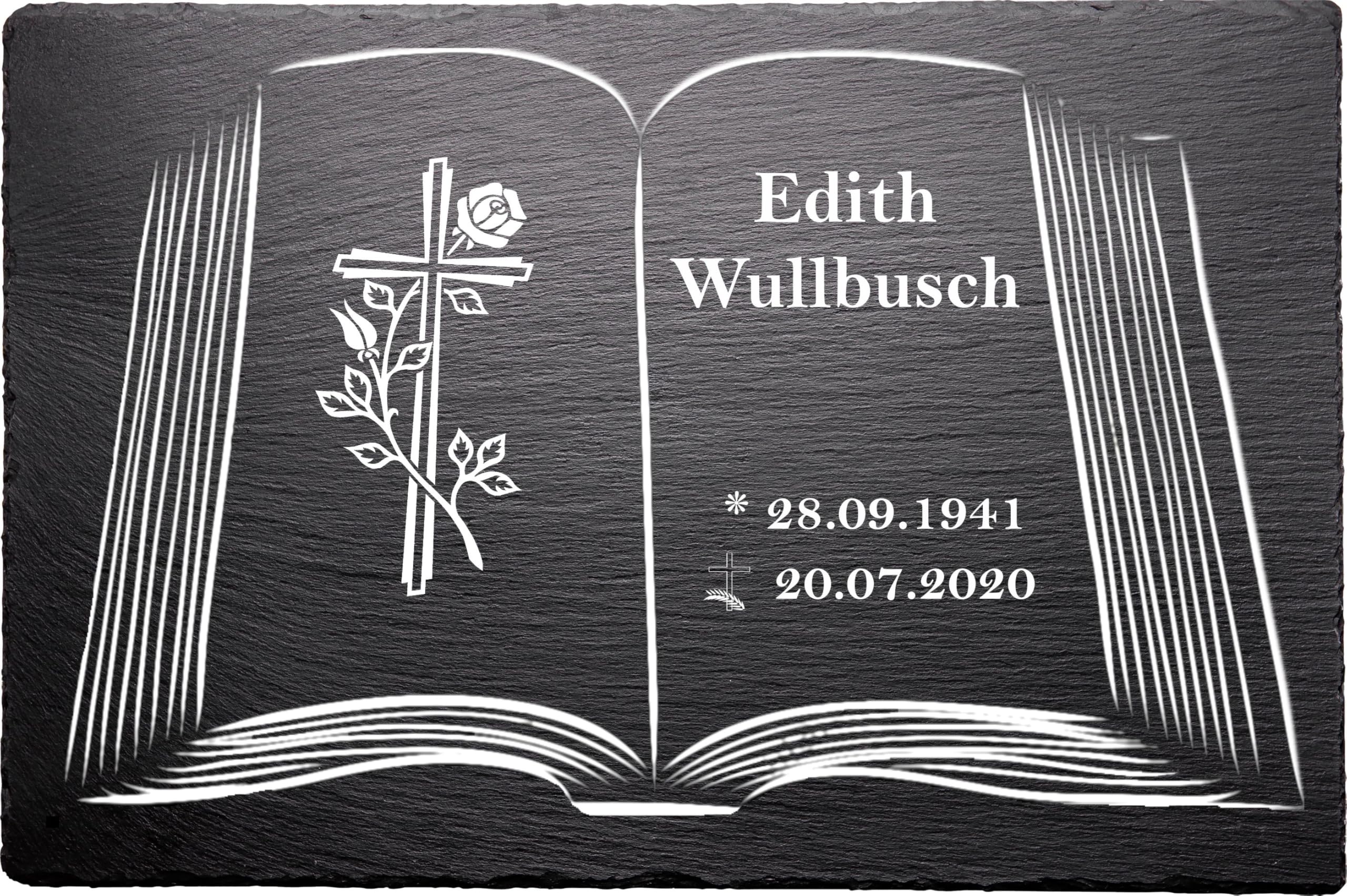 Urnengrabstein Buchmotiv mit Kreuz, Grabstein, Gedenkstein mit personalisierter Lasergravur, Naturschieferstein, 30 x 20cm 100% witterungsbeständig
