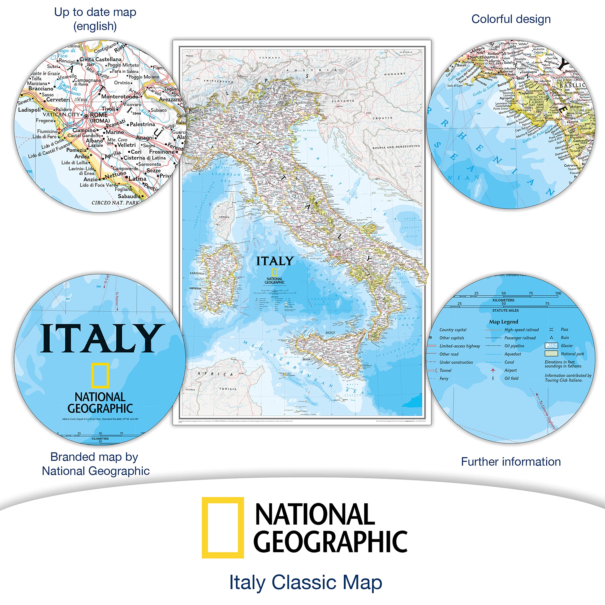 ORBIT Globes & Maps - Carta geografica Italia, cartografia della National Geographic - carta geografica "classic", attualità 2019, 59 x 87 cm, inglese