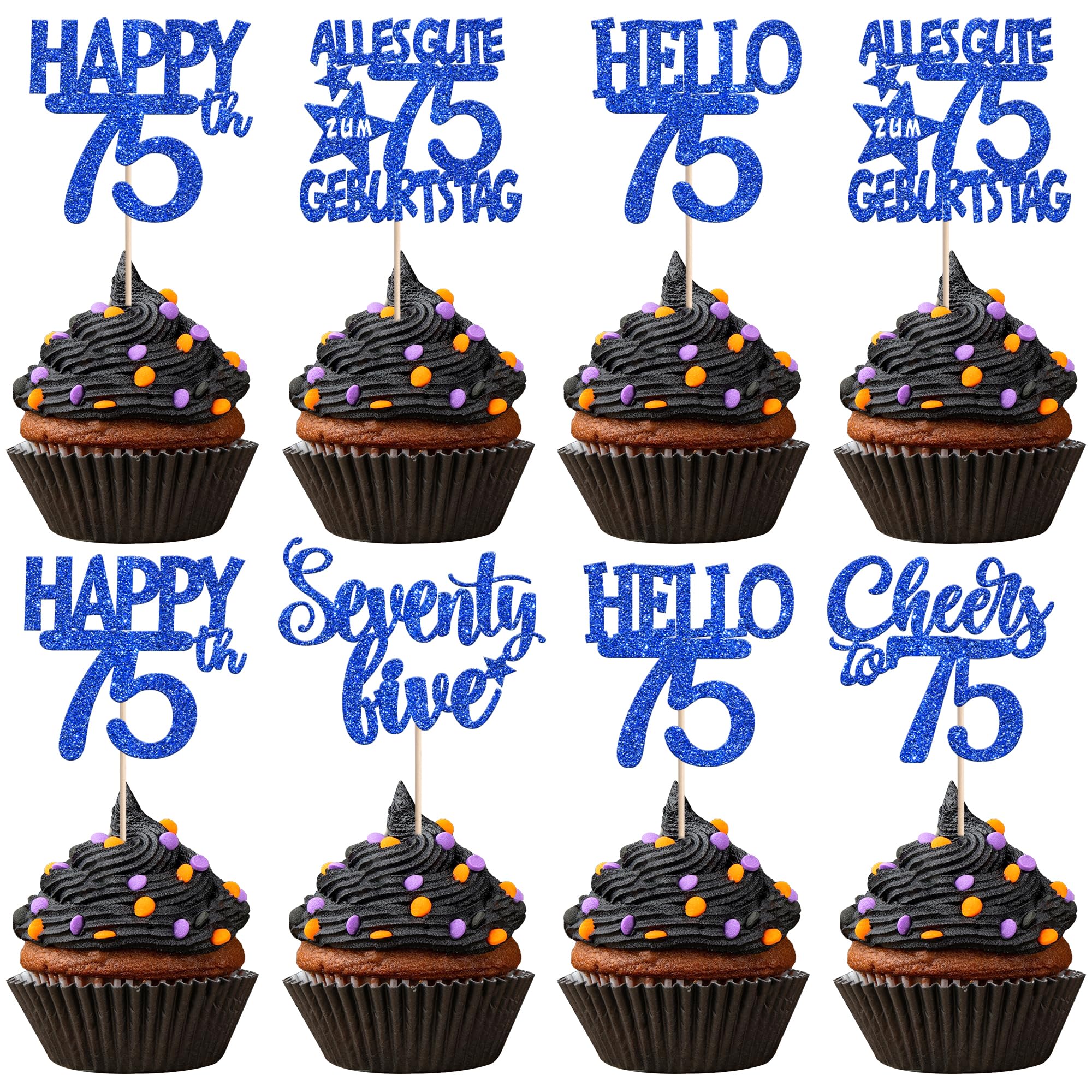30 Stück 75th Geburtstag Tortendeko Alles Gute zum Geburtstag 75 Kuchen Deko Glitzer Seventy Five Cupcake Toppers für Prost auf 75th Jahre Jahrestag Party Kuchen Dekorationen Blau