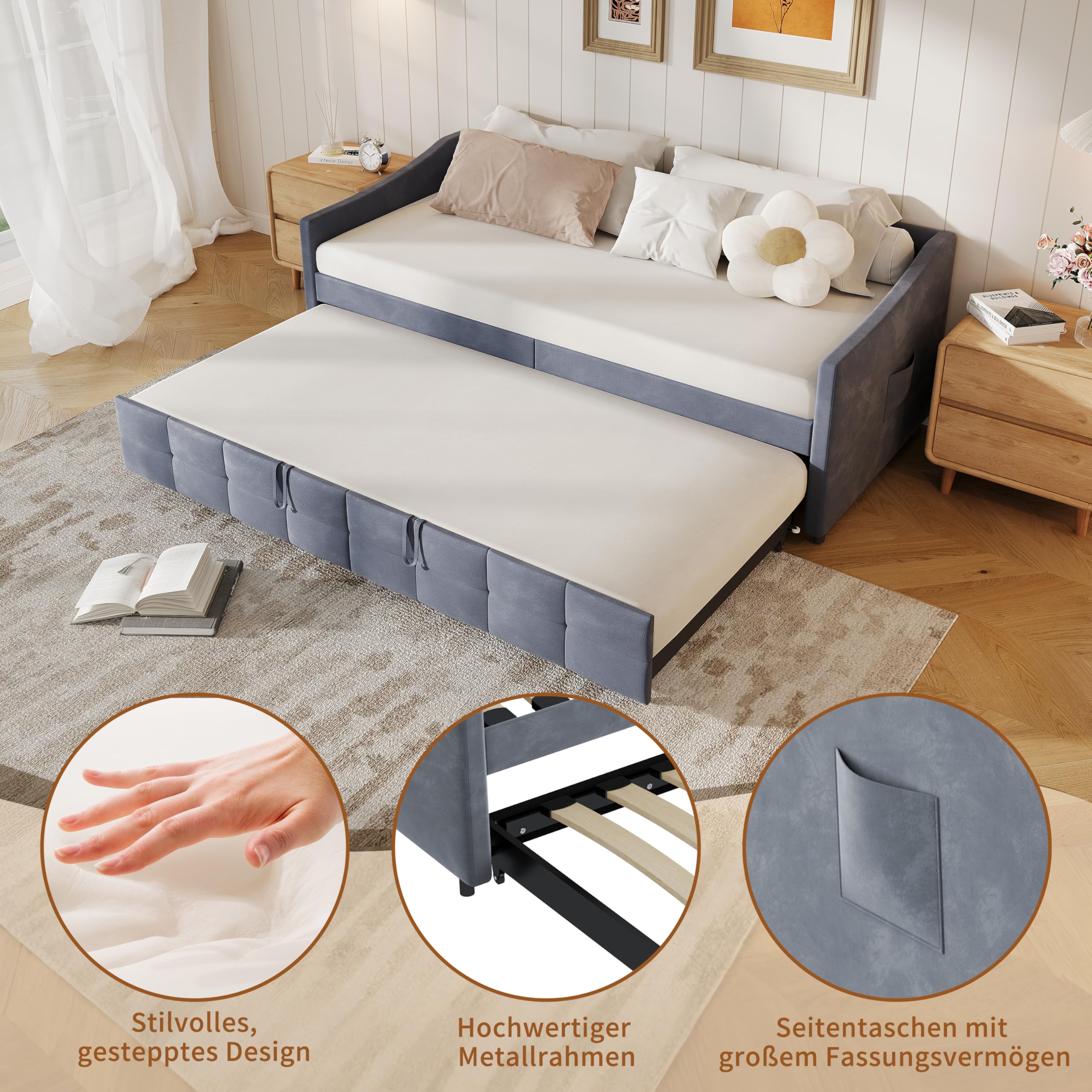 Schlafcouch Ausziehbar, Tagesbett Ausziehbar, Ausziehbett, Schlafcouch 180x200, Flanell, 90/180 x 200 cm, ohne Matratze (Grau)