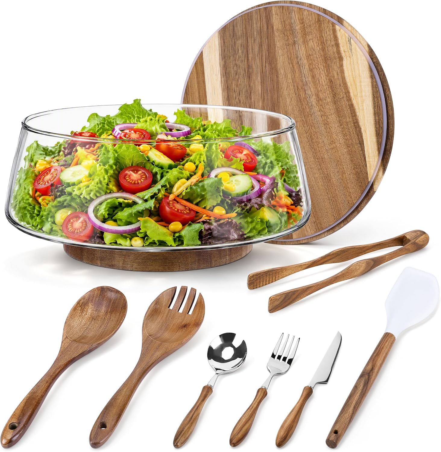 Large Glass Salad Bowl Set with Acacia Wood Base, Lid and Wood Utensils