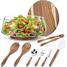 Large Glass Salad Bowl Set with Acacia Wood Base, Lid and Wood Utensils