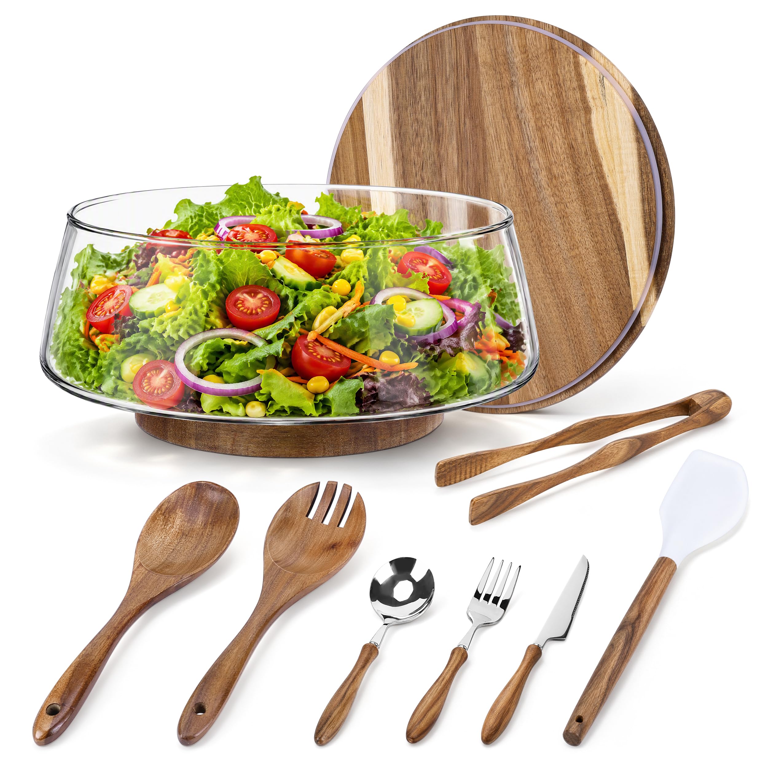 Large Glass Salad Bowl Set with Acacia Wood Base, Lid and Wood Utensils