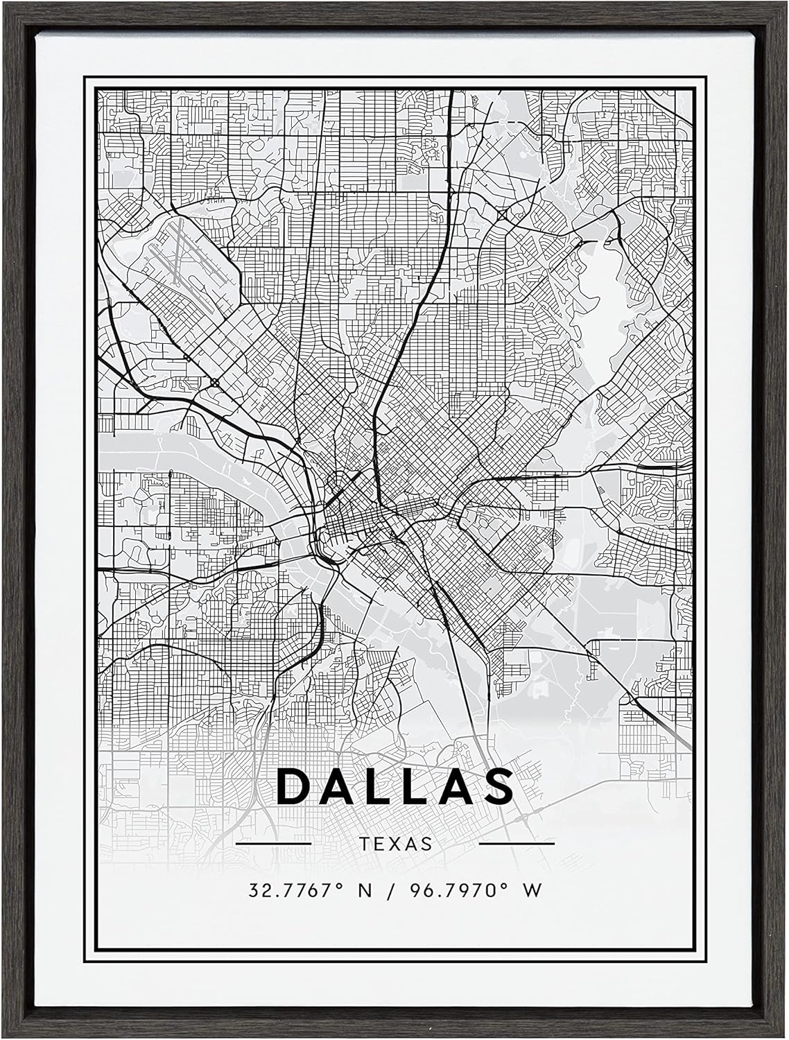 Kate and Laurel Sylvie Dallas Modern Map Framed Canvas Wall Art by Jake Goossen, 18x24 Gray, Decorative Map Art for Wall