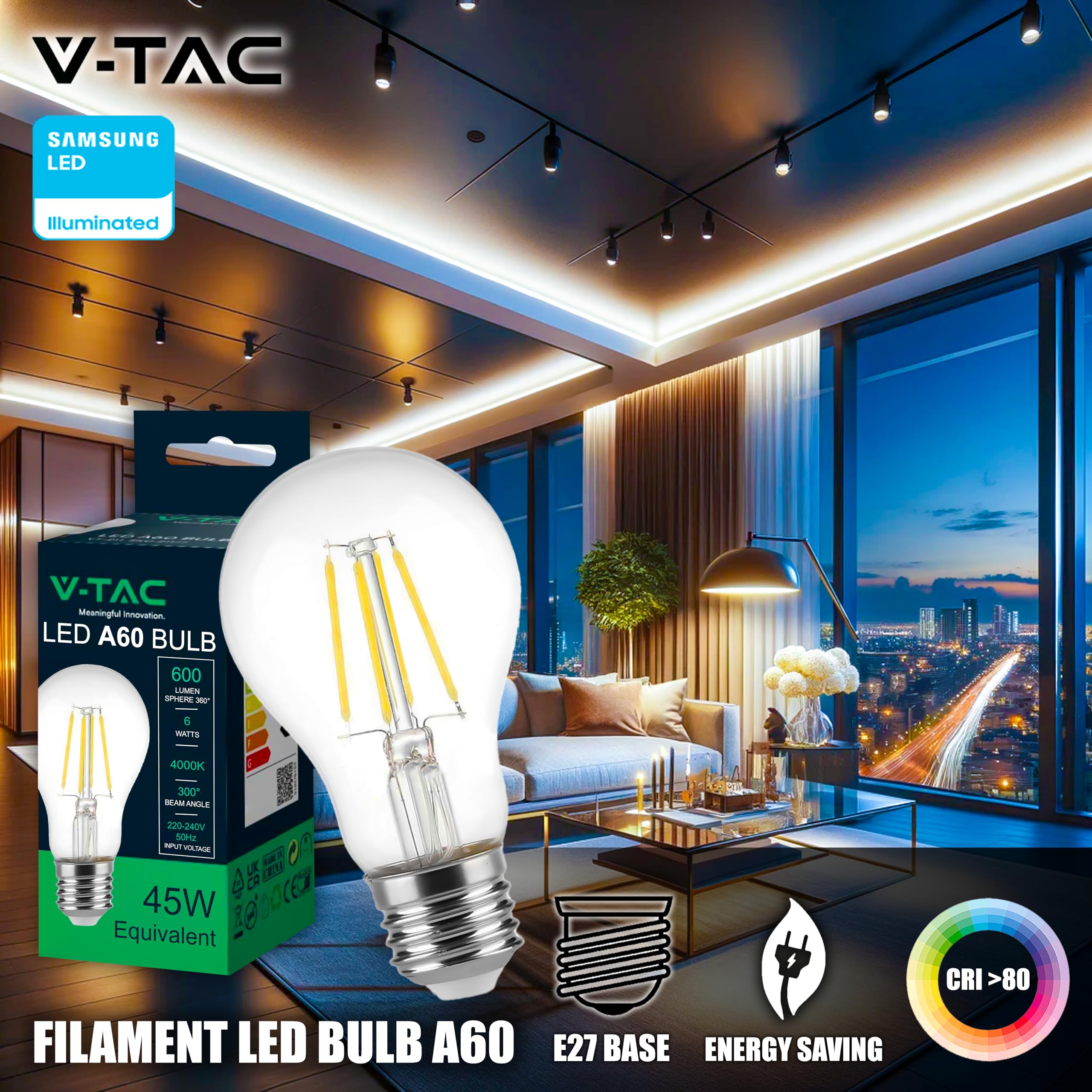 V-TAC 4x Lampadina LED a Filamento con Attacco E27 6W (Equivalenti a 45W) A60-600 Lumen - Lampadine LED Massima Efficienza e Risparmio Energetico - 4000K Luce Bianca Naturale (Confezione da 5)