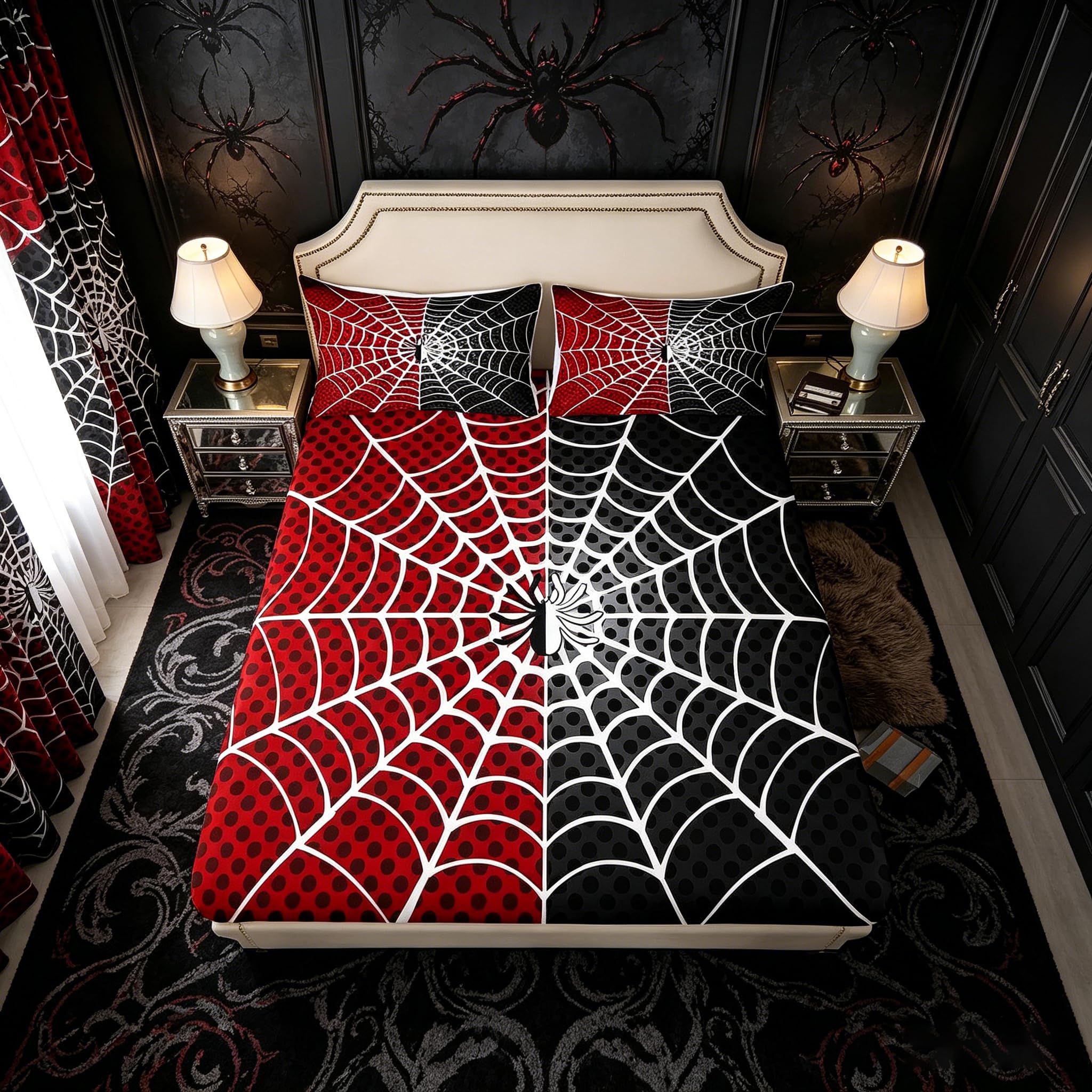 Parure de lit rouge et noir grand lit motif toile d'araignée avec 2 taies