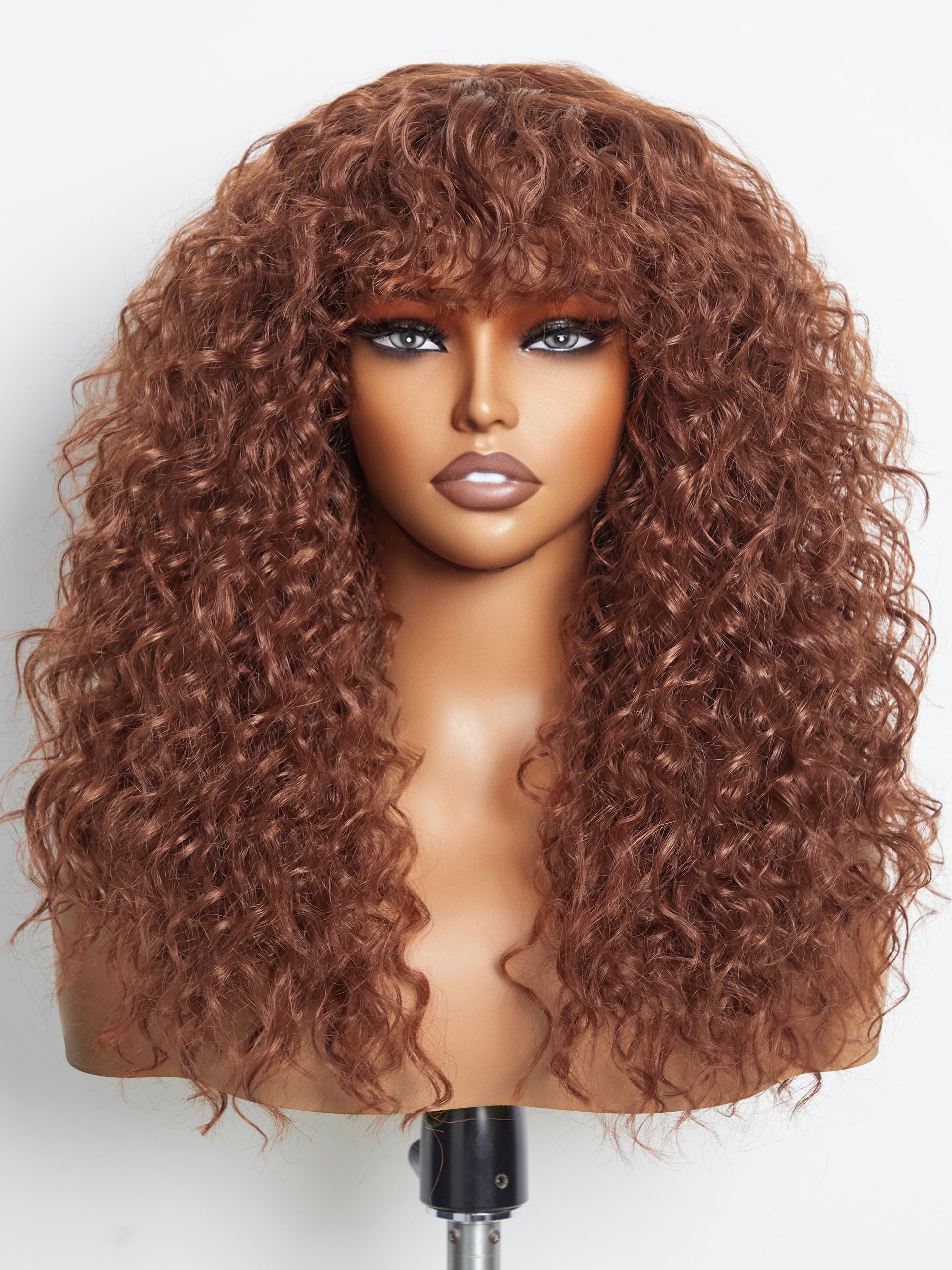 GORGIUS Veralux Blend Shaggy Haircuts Curly Wig with Bangs Ginger Brown Wigs Crafted with Style-Archive Technology: Premium Fiber & Remy Human Hair Blended, Realistic Look with True Scalp