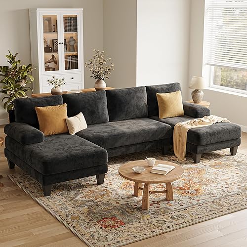 Miniatura 9 de Sofás seccionales en forma de U para sala de estar, sofá modular moderno de 112 pulgadas, sofá de felpilla gris oscuro con diván doble para Gris