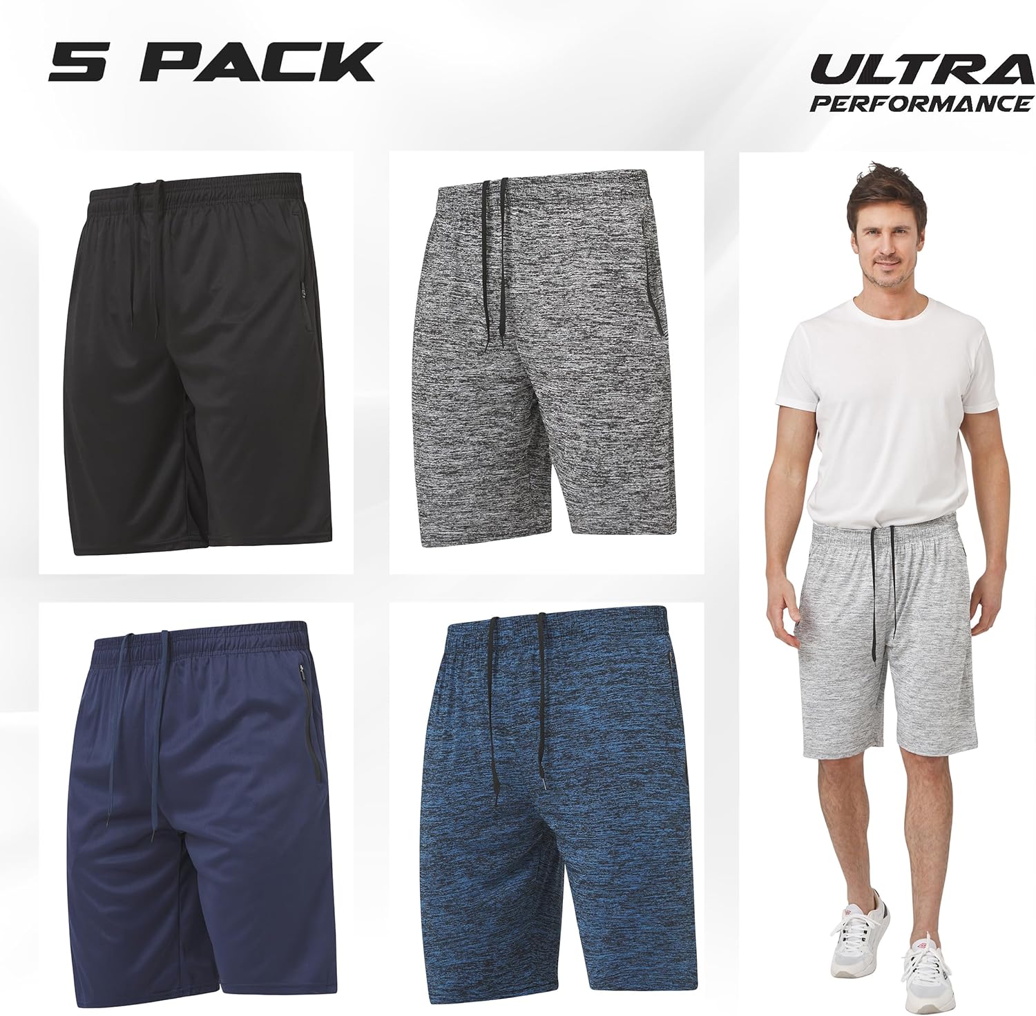Ultra Performance Mens 5 Pack Athletic Running Shorts, Basketball Gym Workout Shorts for Men with Zippered Pockets - Image 2