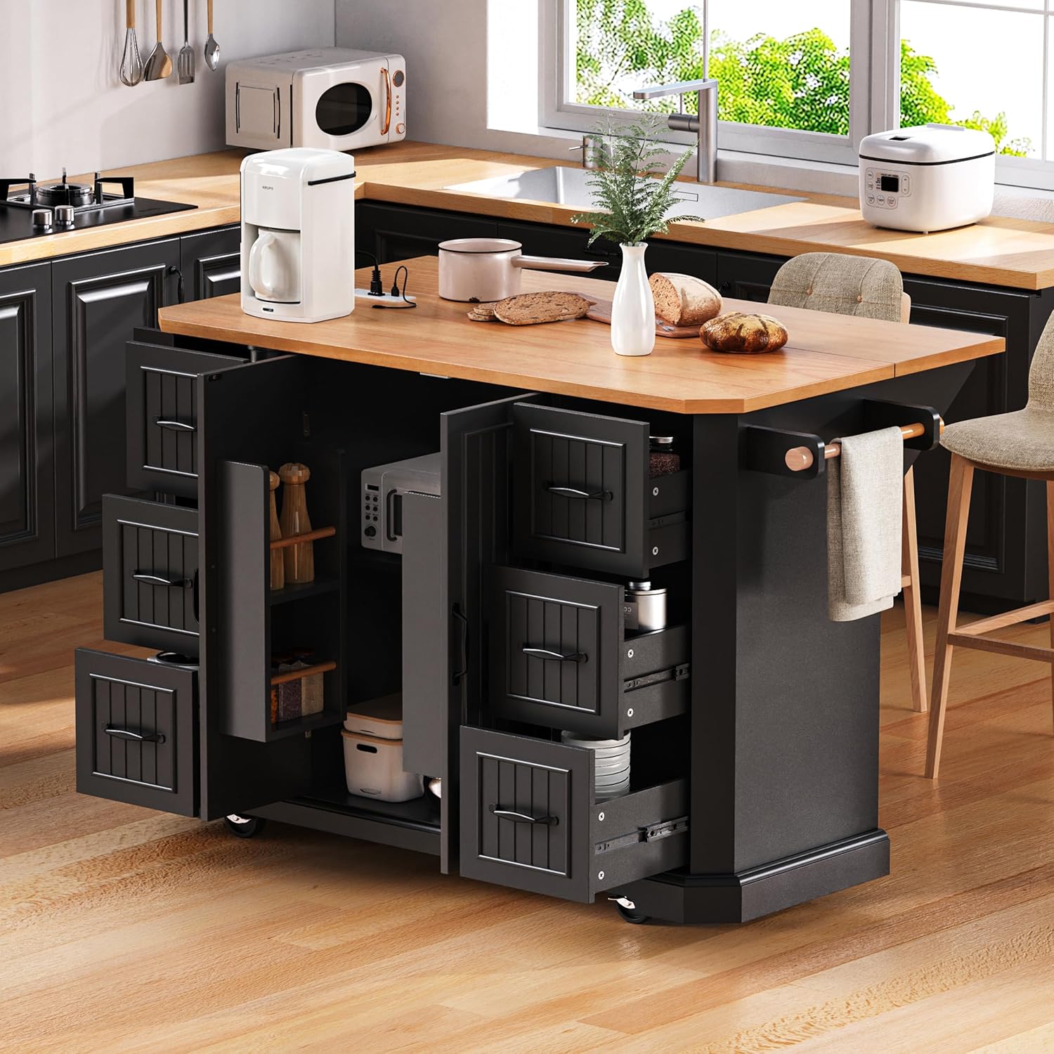 Ball & Cast 56" Large Kitchen Island with Drop Leaf and Power Outlet,Rolling Kitchen Cart on 4 Wheels W/ 6 Drawers,Folding Storage Dining Table W/Spice & Towel Rack,for Kitchen,Dining Room,Black