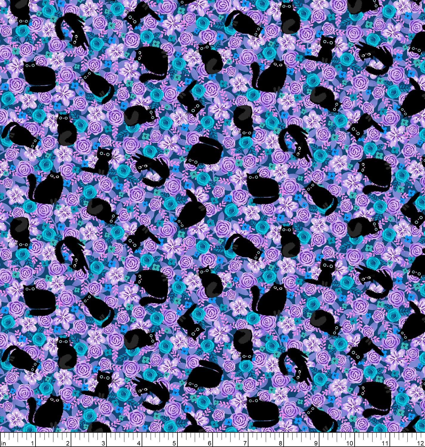 Studio E Fabrics Meow Tossed Cats Flowerbed Hyacinth/Blue, Fabric by The Yard