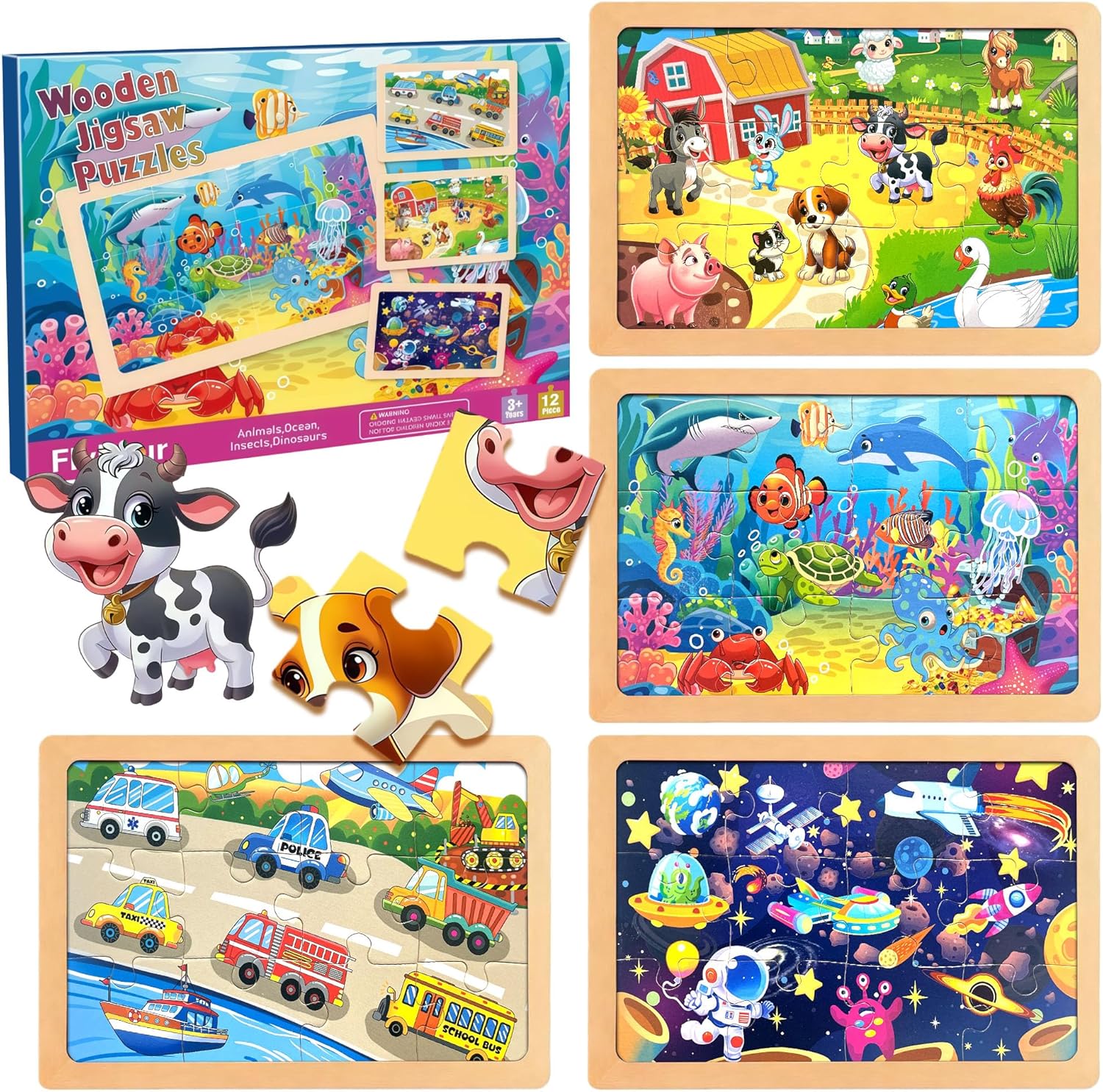 Wooden Puzzles for Toddler Ages 3+, 12 Piece Vehicle Farm Space Ocean Jigsaw Puzzles for Kids 4 Packs, Preschool Toddlers Learning Activity Puzzles Toys for Boys Girls 3 4 5 6 Years Old