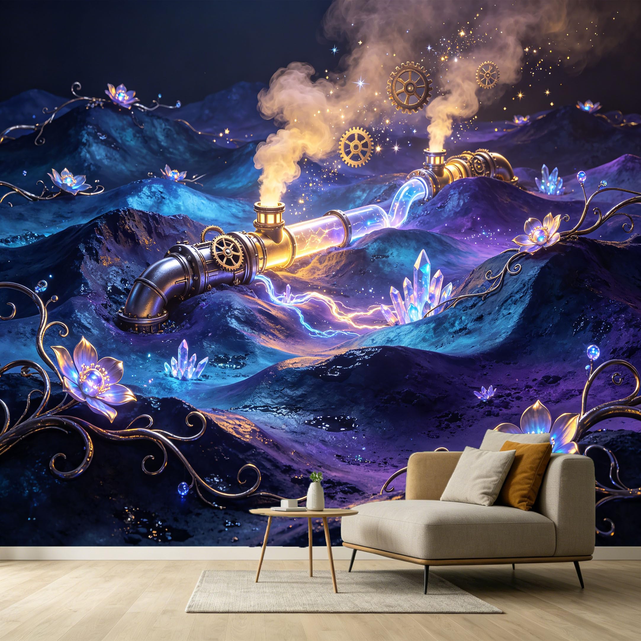 Custom Size Wall Murals Steampunk Industrial Fantasy Gears Glowing Crystals Energy Steam SelfAdhesive Wall Fabric Removable Large Wallpaper for Photo Living Room