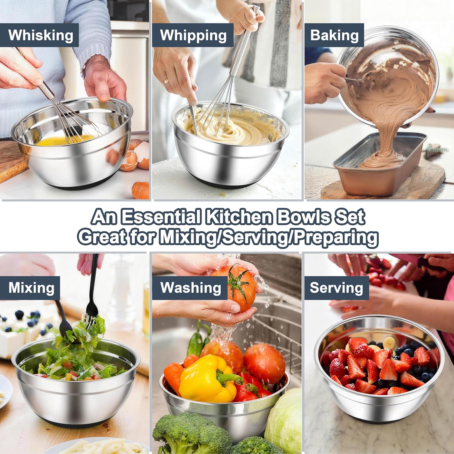 TeamFar Mixing Bowls, Black Mixing Bowls with Lids Set, Stainless Steel Nesting Salad Bowl with Air-tight Lid & Silicone Bottom, Non Slip & Stackable - Set of 6-4.6/2.6/2 / 1.5/1 / 0.7 Qt