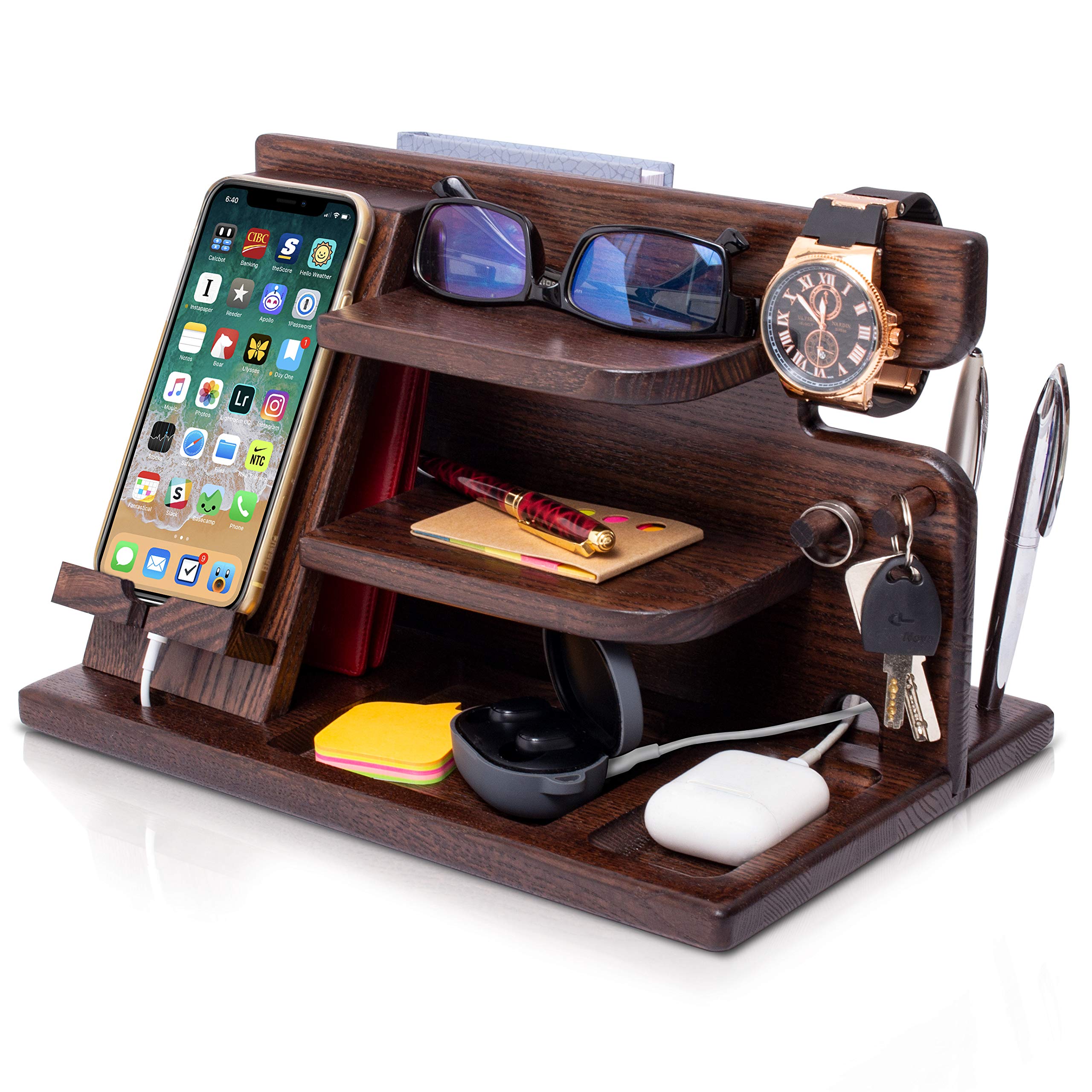 TESLYAR Organiseur Multifonctionnel en Bois Crochets Support Téléphone Bureau Homme Cadeau Anniversaire Fête des Pères Rangement Bureau Docking Station Porte Montre Cadeau Original Utile Mari Papa