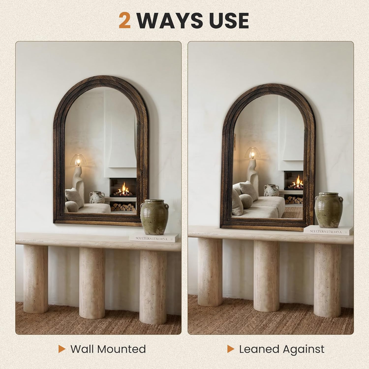 Arched Bathroom Mirror, 36"x24" Brown Wood Frame Wall Mirror, Farmhouse Vintage Vanity Mirror with Layered Frame for Entryway, Living Room, Bedroom