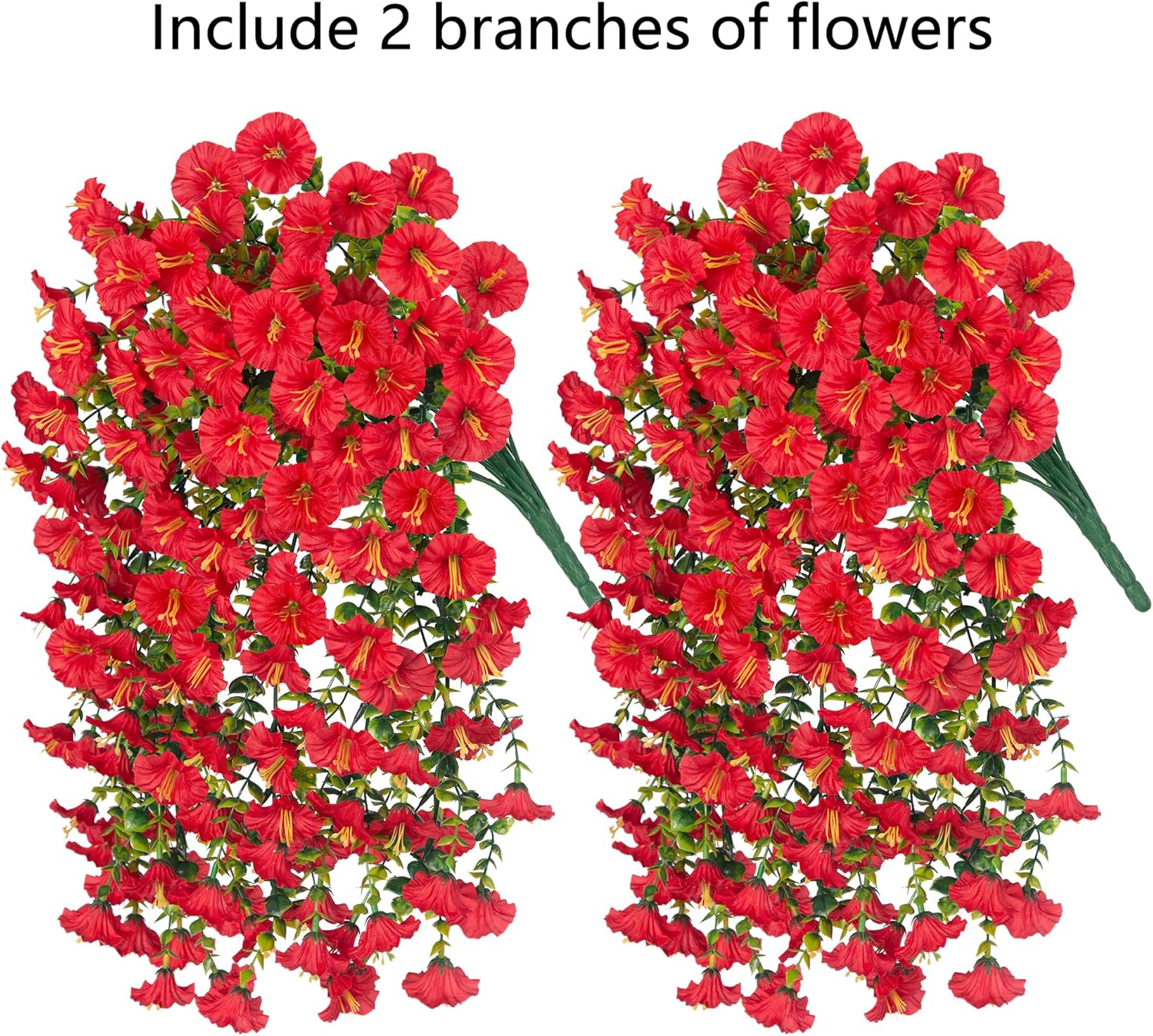 Artificial Faux Hanging Flowers Plants for Outdoor Decor,2 PCS Fake Silk Morning Glory with Eucalyptus Greenery UV Resistant Realistic Vines for Wall Home Porch Patio Balcony Yard Indoor Decor, Red - Image 4