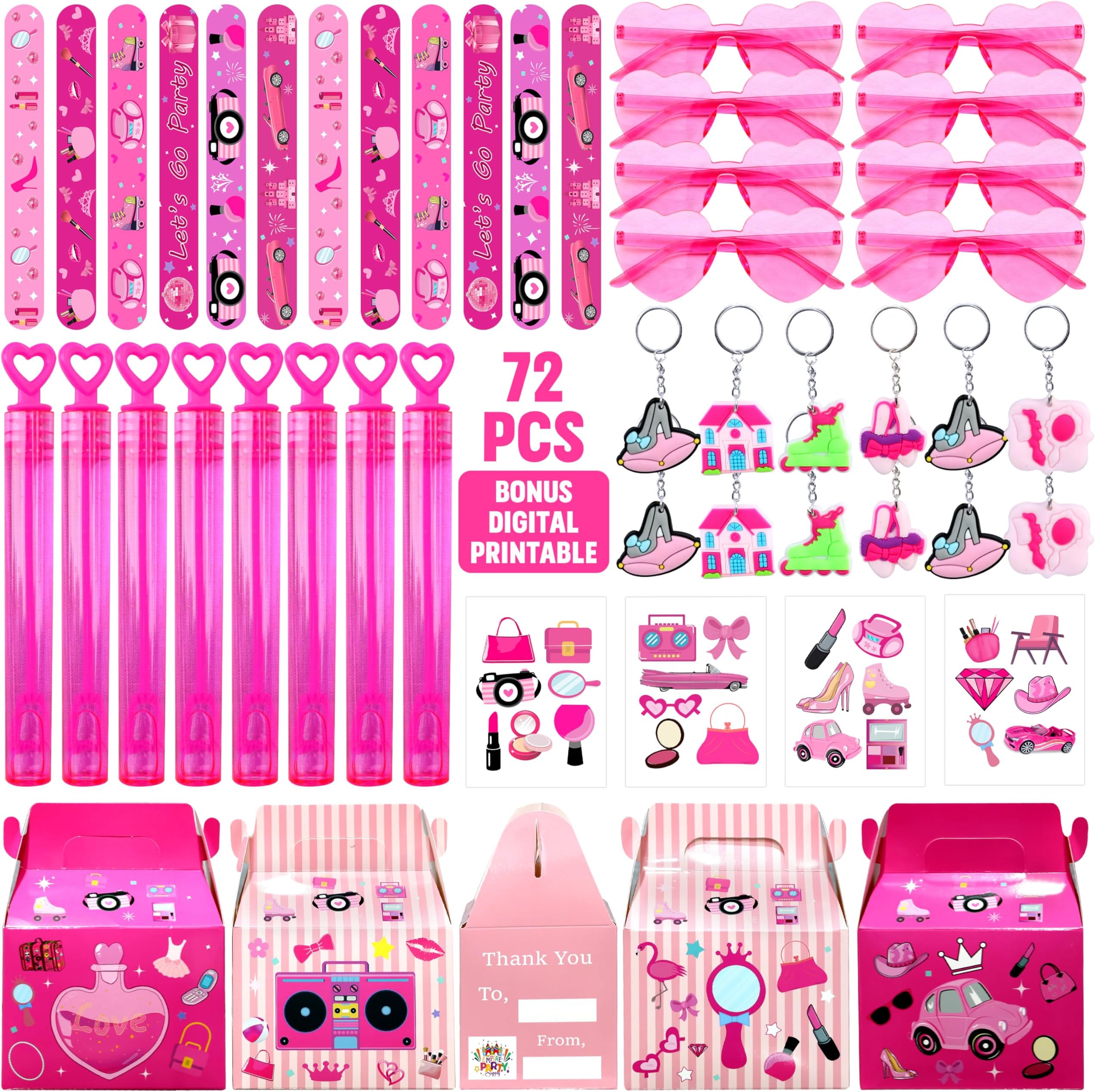 Empire Party SupplyPink Favors 72 Pc Princess Stickers Keychain Hot Pink Sunglass Bubble Wand Treat Box for Girl Hot Pink Birthday Supplies