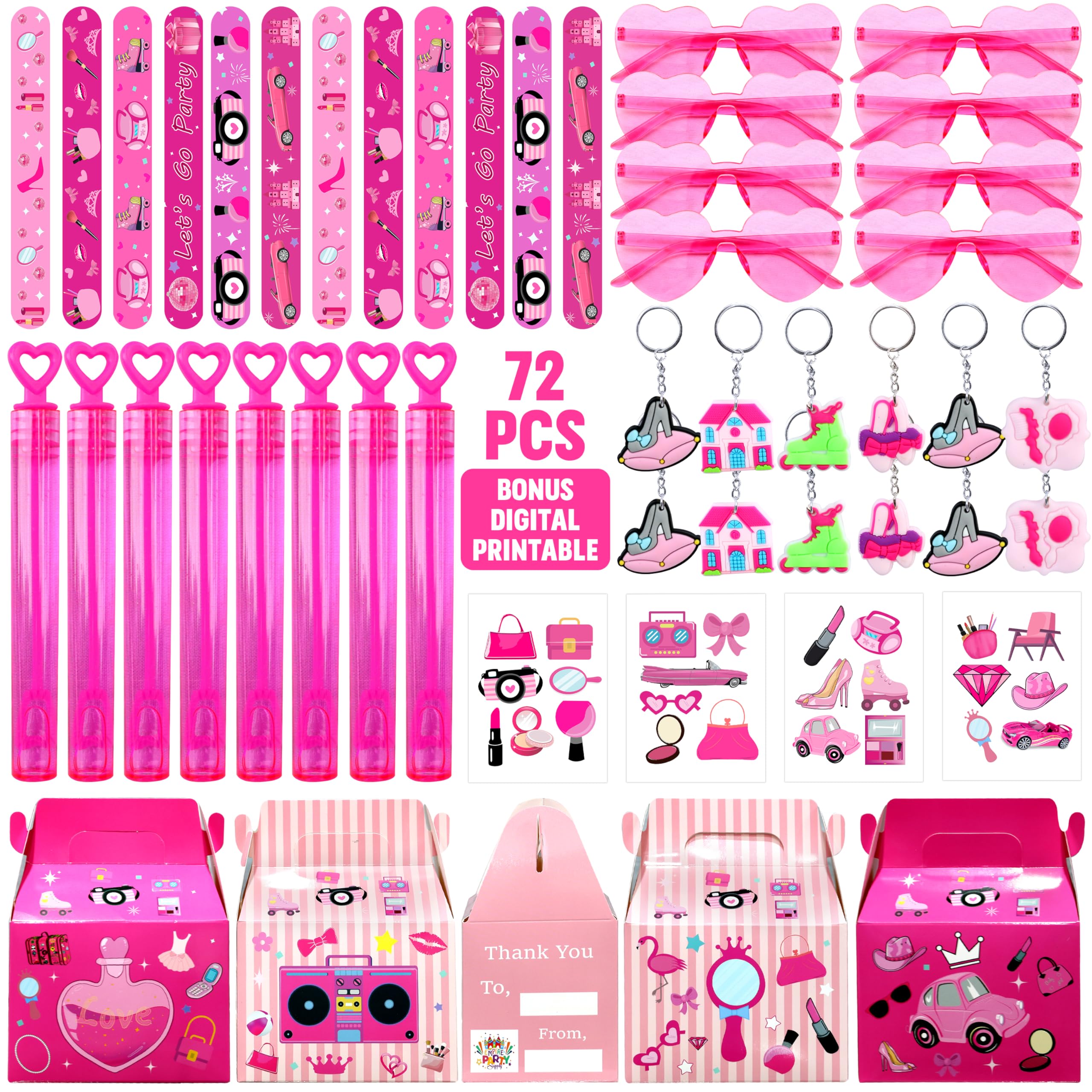 Empire Party SupplyPink Favors 72 Pc Princess Stickers Keychain Hot Pink Sunglass Bubble Wand Treat Box for Girl Hot Pink Birthday Supplies