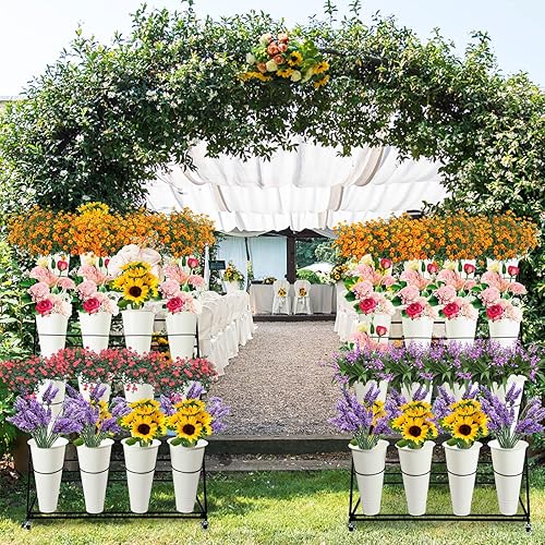 Miniatura 7 de Soporte de exhibición de flores con 16 cubos estante de ramo de floristas móvil de 4 capas para tienda de flores frescas estante de floristería de