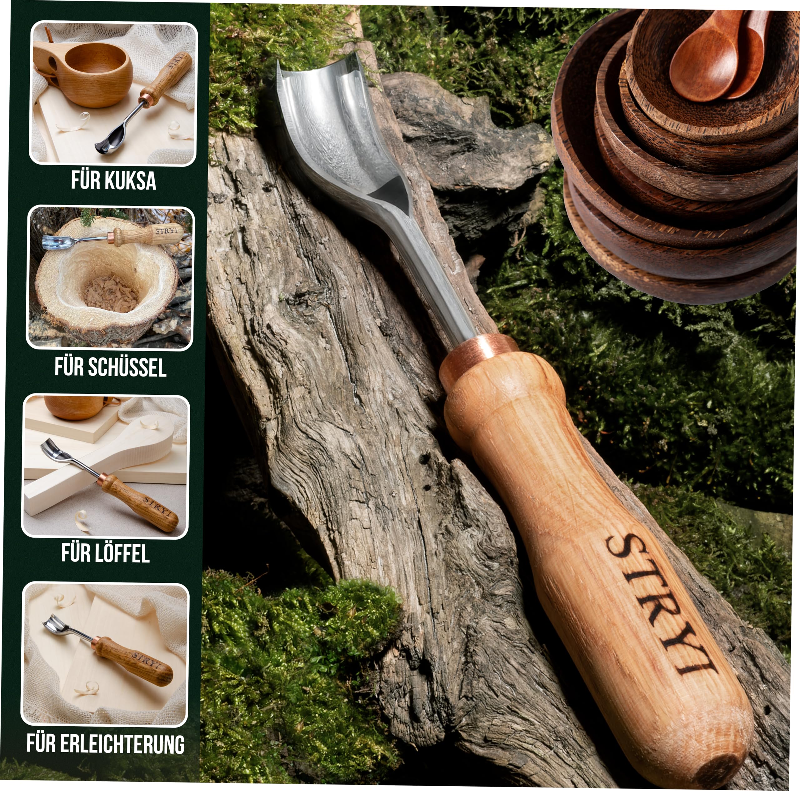 STRYI Profi Schnitzwerkzeug: Gebogenes Hohleisen 20mm (Bent Gouge), Hochwertiger Carbonstahl, Handgeschmiedet für Löffelschnitzen & Holzbearbeitung