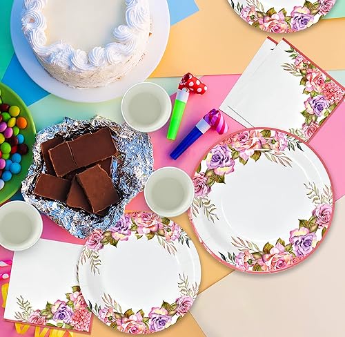 Miniatura 6 de Gift Boutique Juego de 96 piezas de suministros de fiesta de flores rosas y moradas, platos de papel, servilleta para niña, baby shower, té,