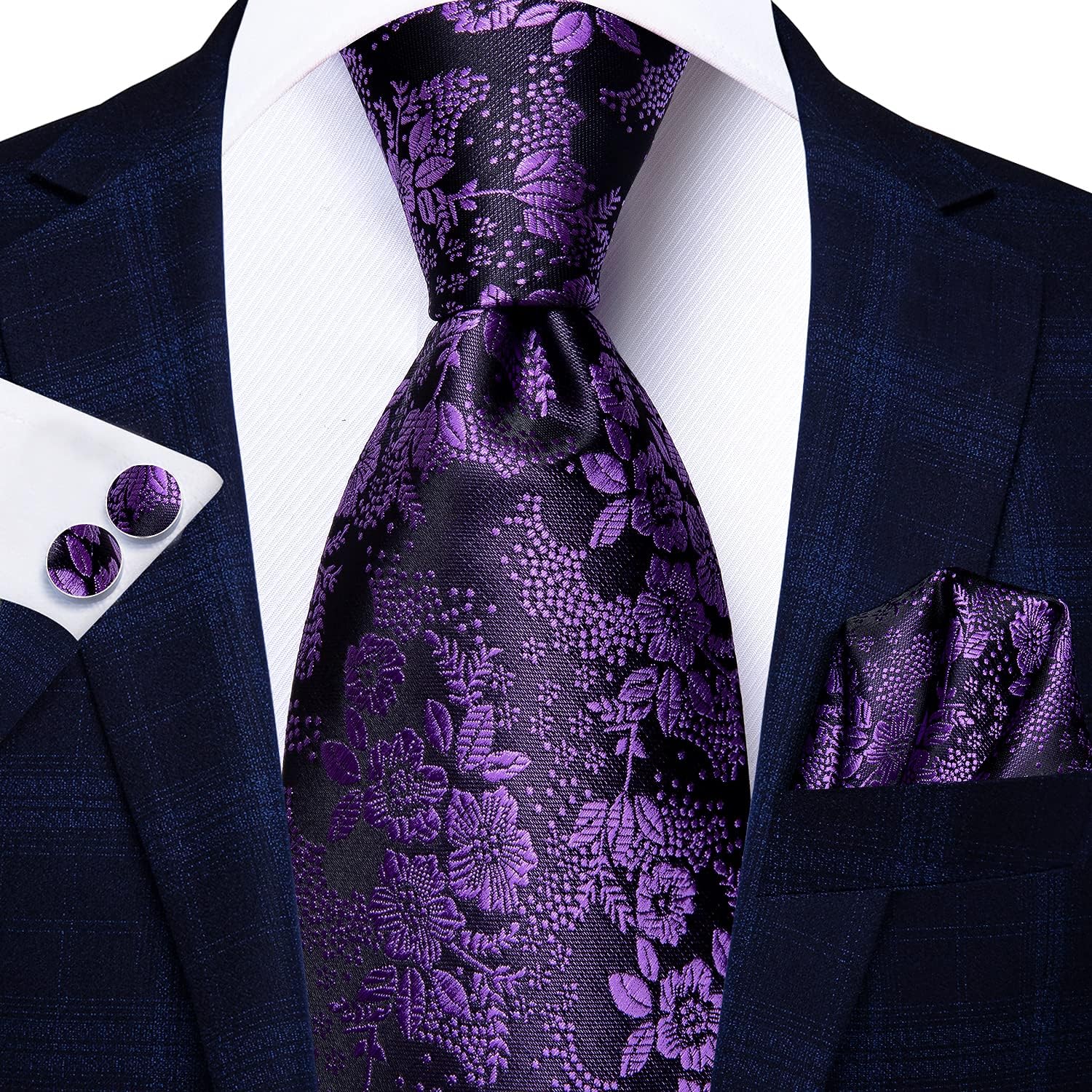 Hi-Tie 3 Pcs Gift Box Mens Tie Set Necktie with Pocket Square Cufflinks Lapel Pin Silk Neck Tie Collection
