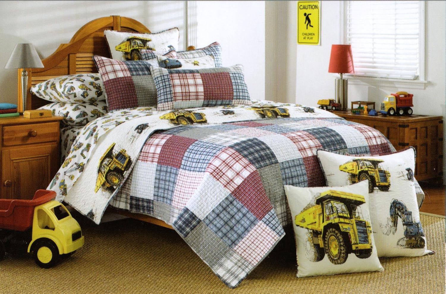 Toddler Bedding Cotton 3pc Full/Queen Quilt Set Reversible Plaid Diggers Movers