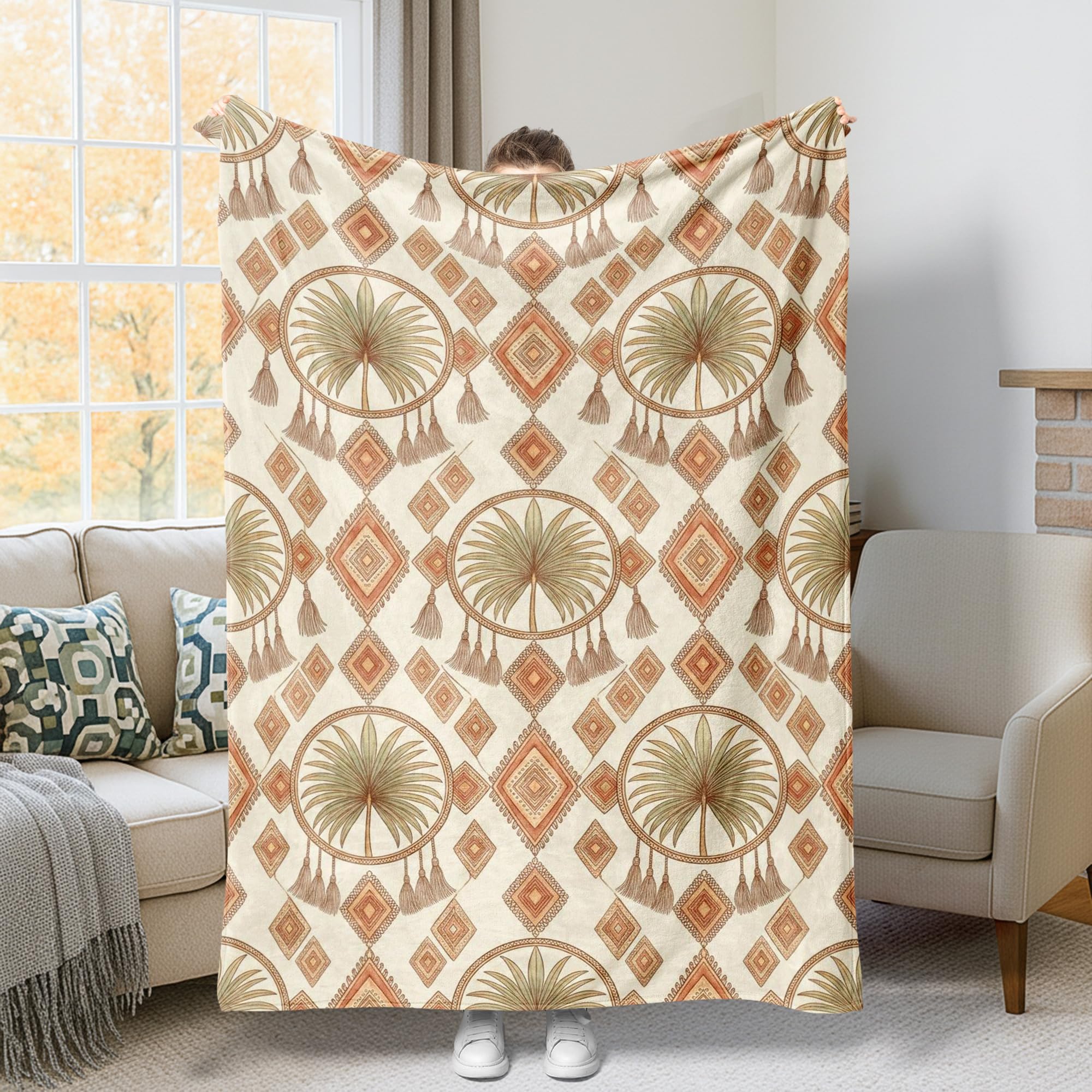 Couverture polaire haut de gamme motif palmier beige à pompons chic
