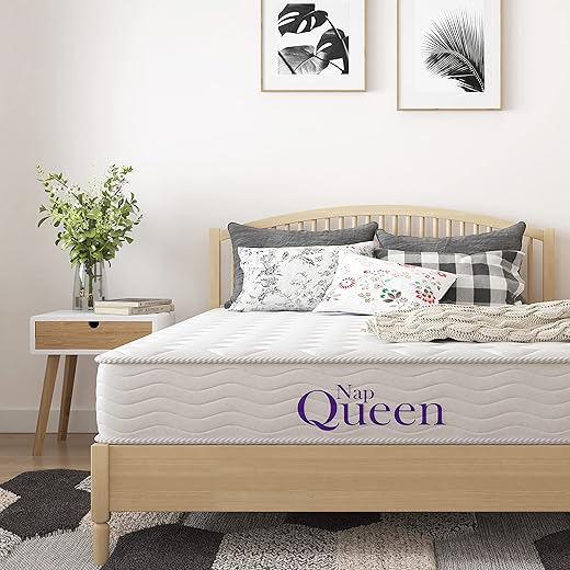 NapQueen 8 Inch Innerspring Queen Size Medium Firm Memory Foam Mattress, Bed in a Box,White