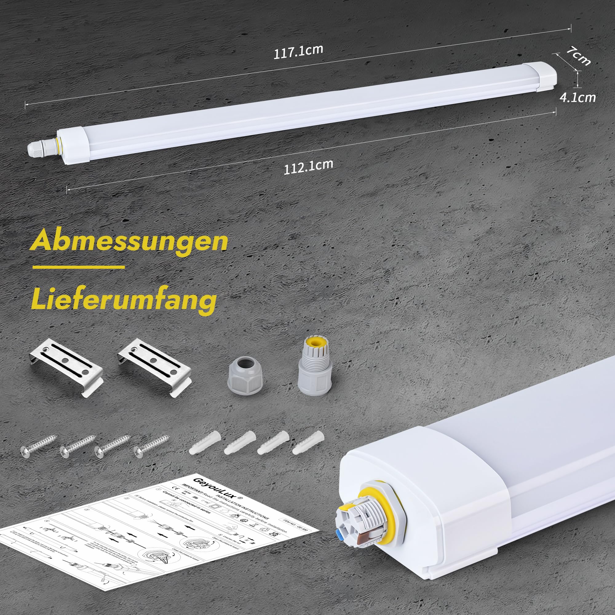 GeyouLux LED Feuchtraumleuchte 120cm, 40W 5040lm 5000k Kaltlweiß IP65 Wannenleuchte, Feuchtraumlampe mit Erdungsdraht, 192 LEDs Flickerfrei LED Röhre Deckenleuchte für Garage Werkstatt,Weiß, 3er